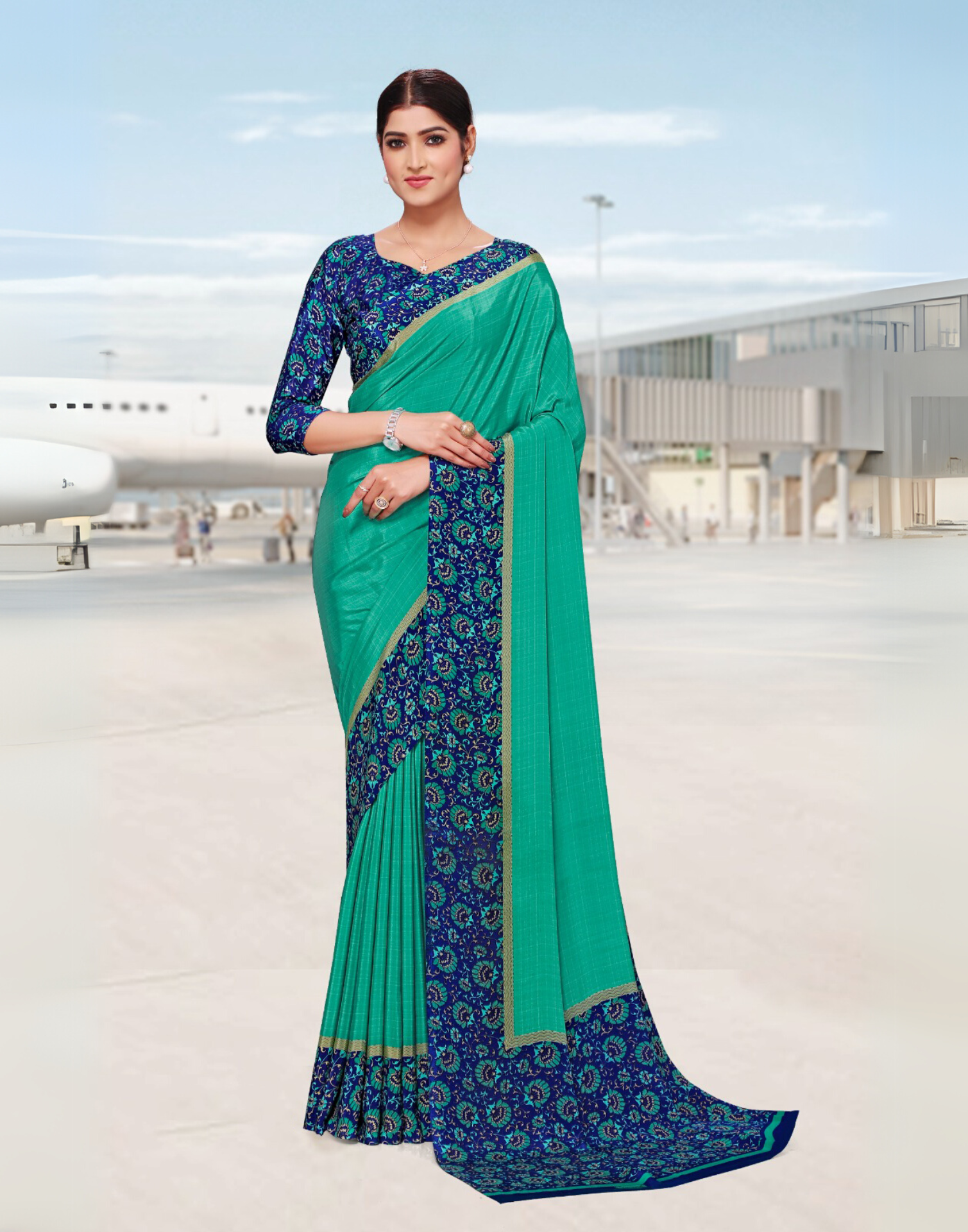Teal blue Printed Silk Crepe Saree – Stylish and Comfortable Office Uniform