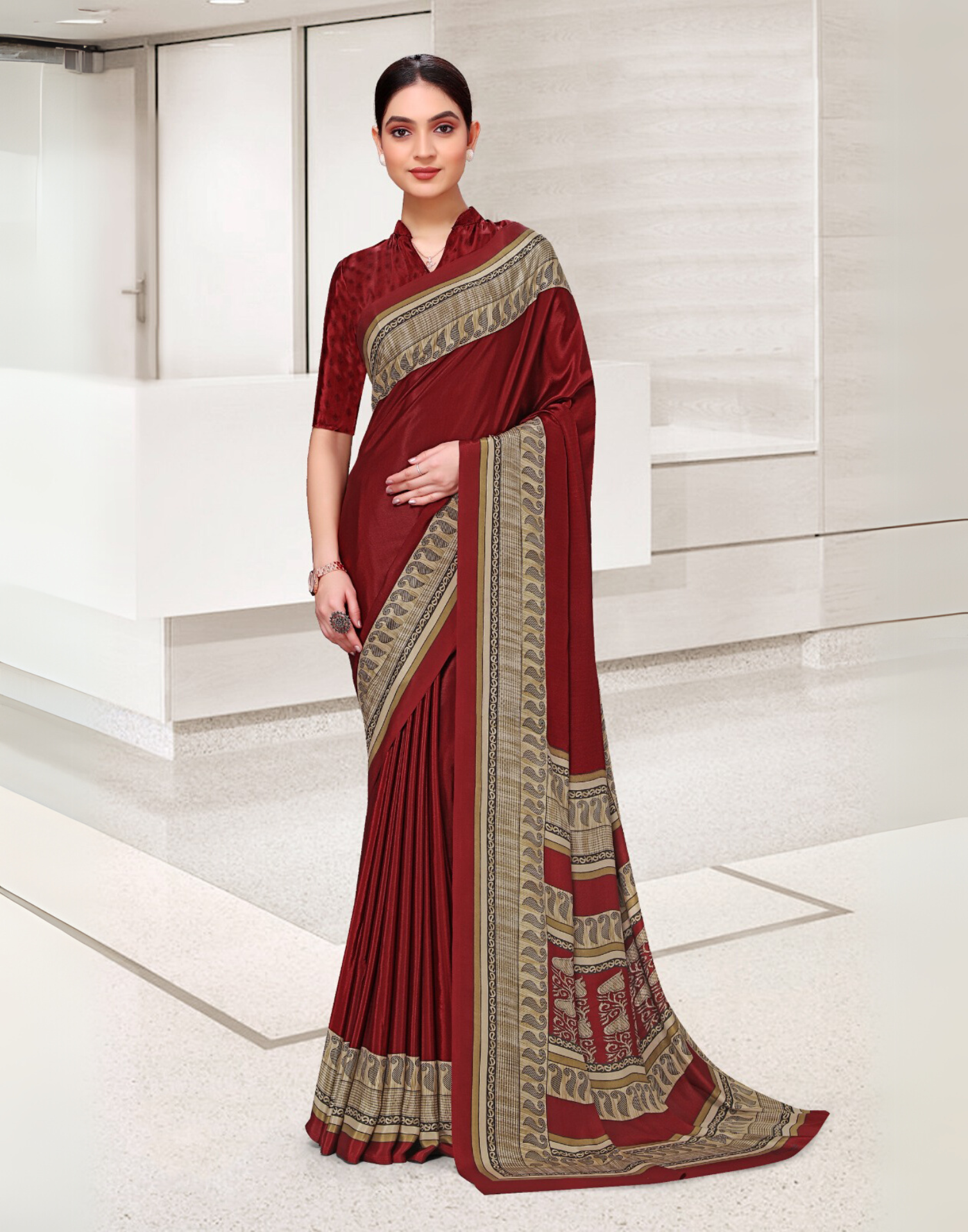Maroon Office Wear Saree – Uniform Silk Crepe