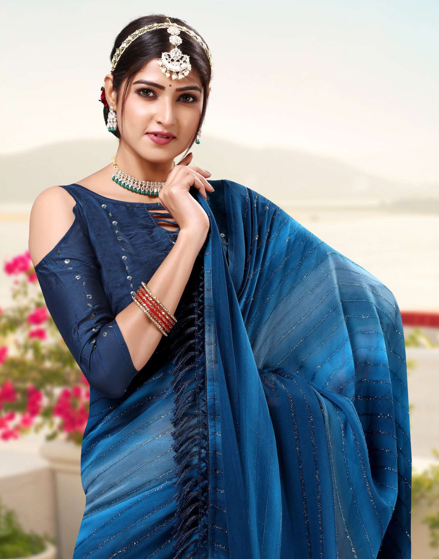 Hand Printed georgette saree - Fur work - Dark colour