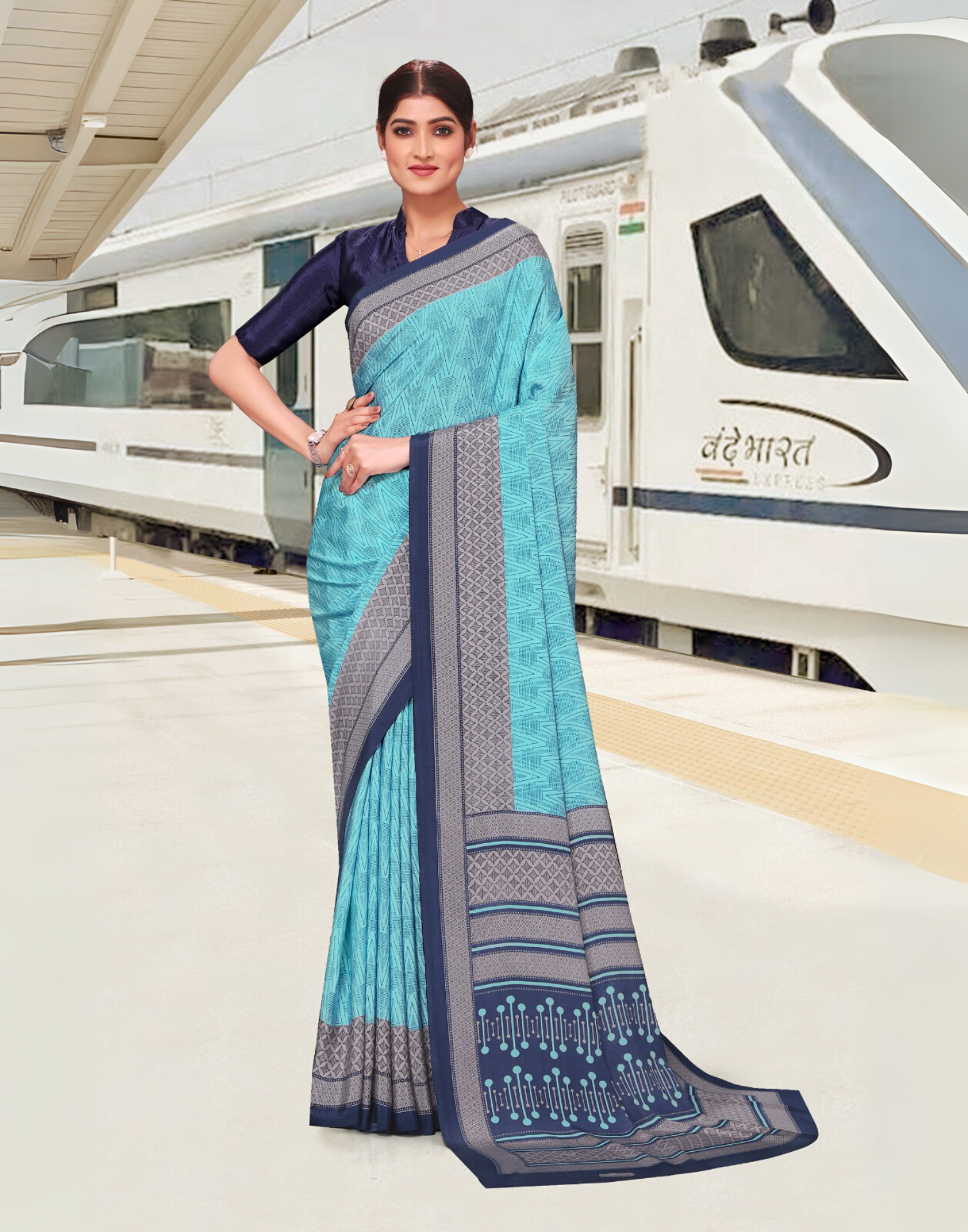 Blue Corporate Wear Uniform Saree – Premium Silk Crepe