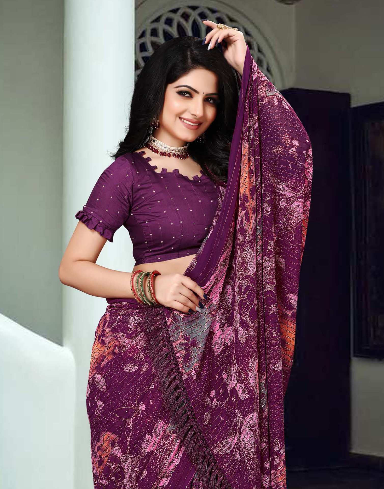 Dark Floral printed saree with crossed work and lightweight fabric - Party weare