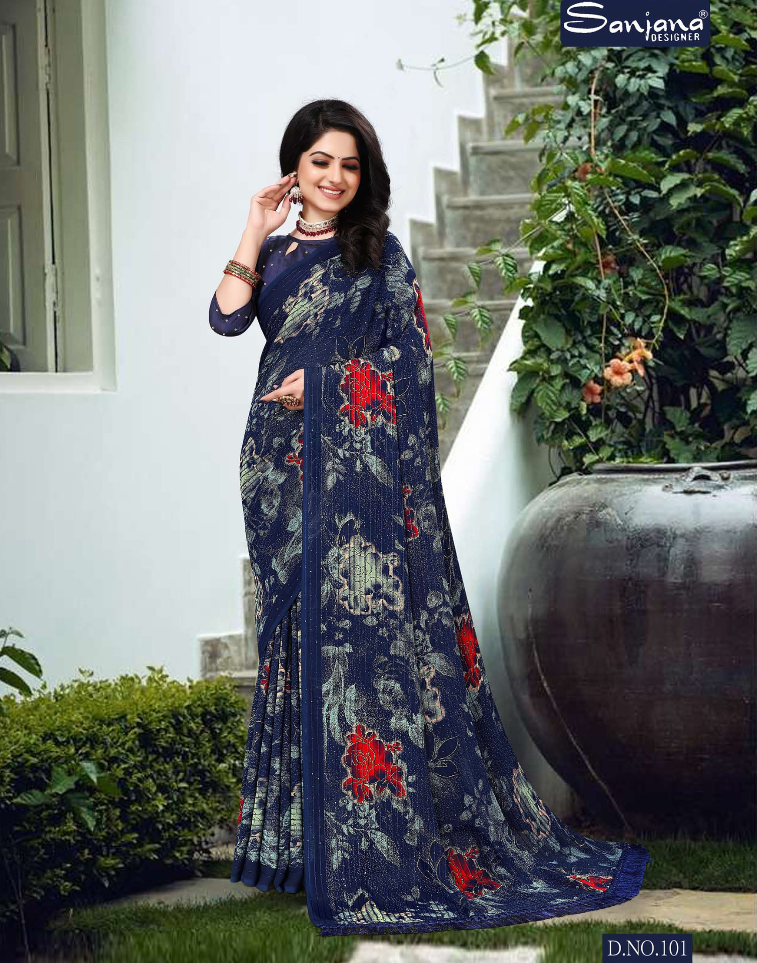 Dark Floral printed saree with crossed work and lightweight fabric - Party weare