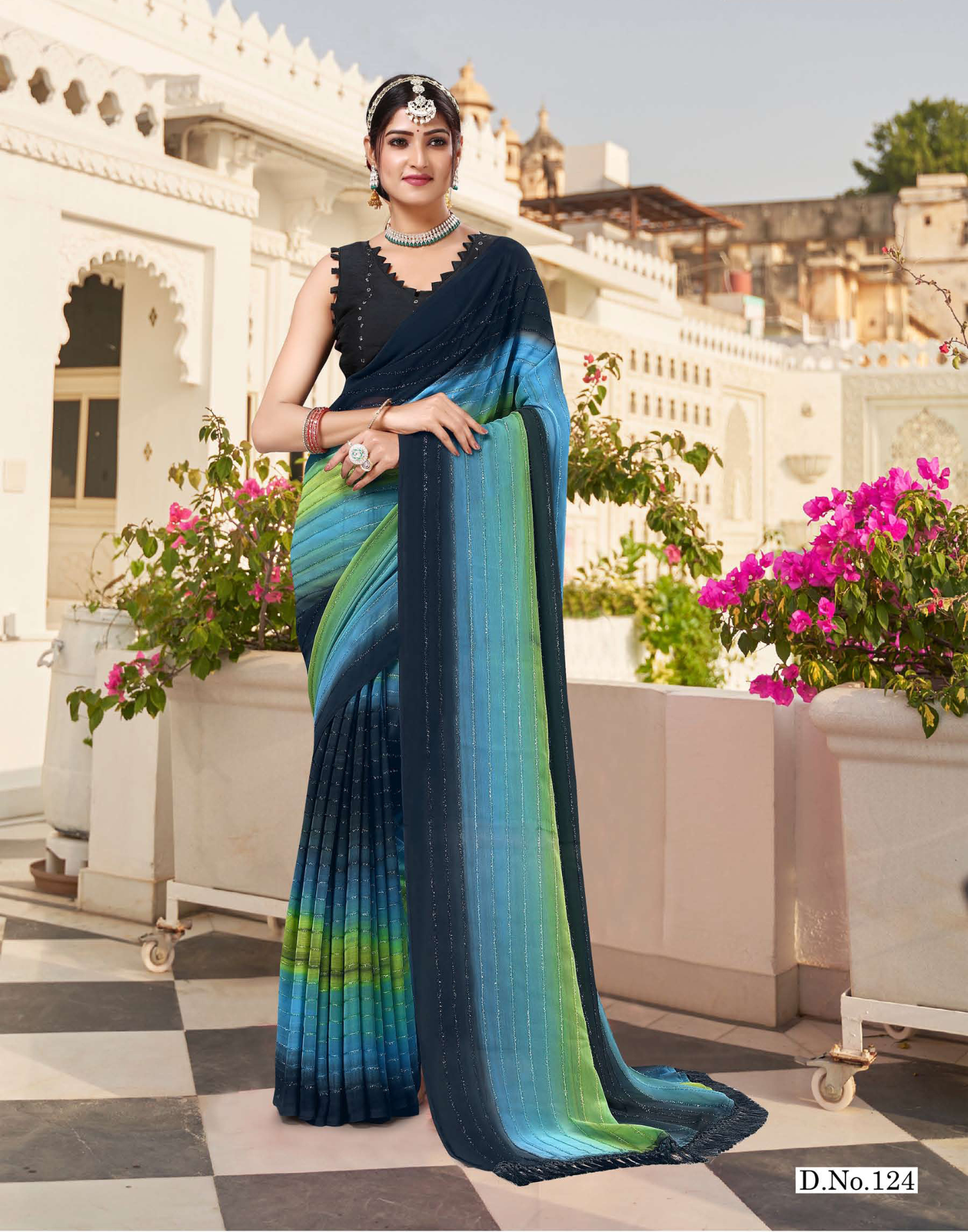 Hand Printed georgette saree - Fur work - Dark colour