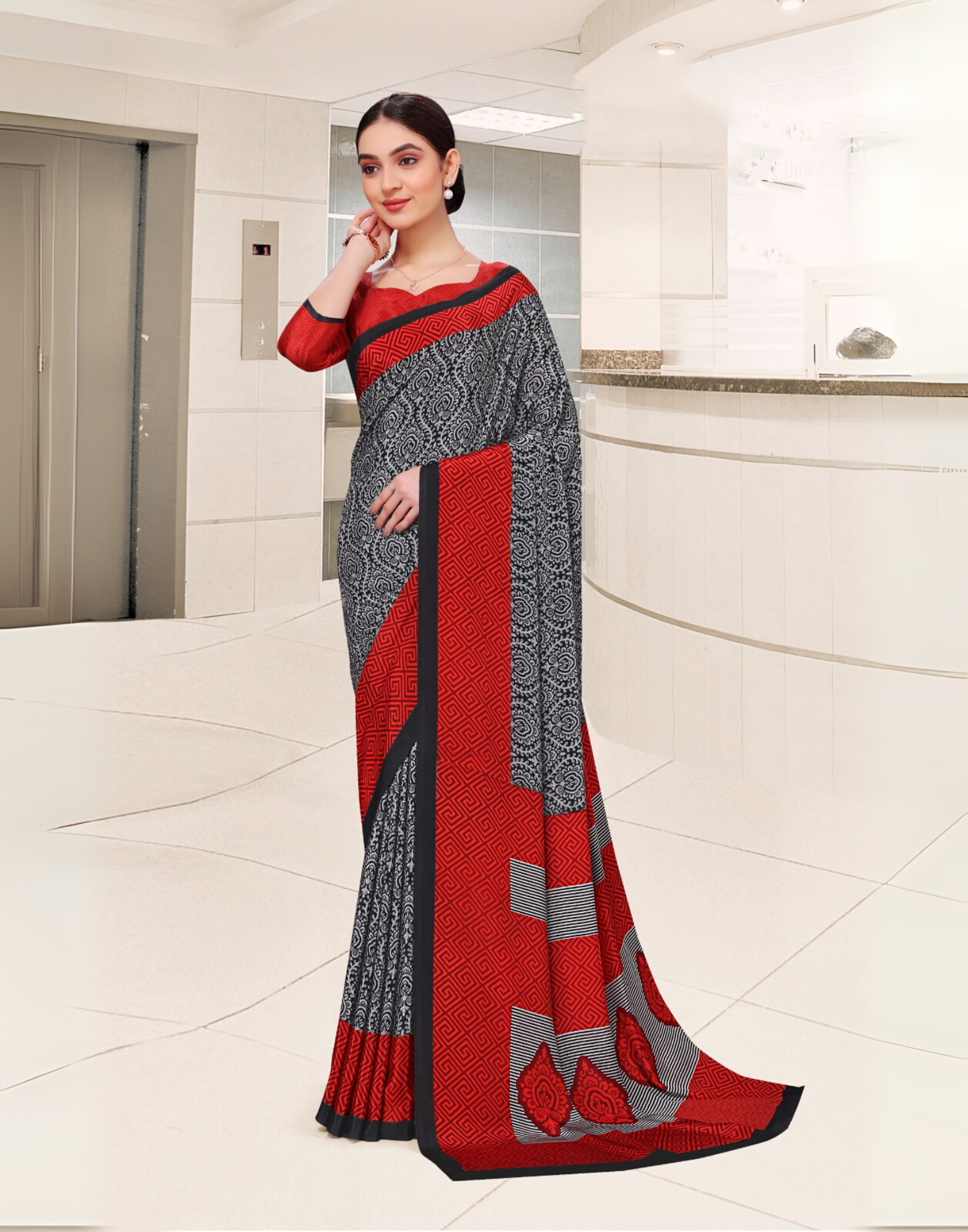 Grey and Red Professional Office Uniform Saree – Abstract Print