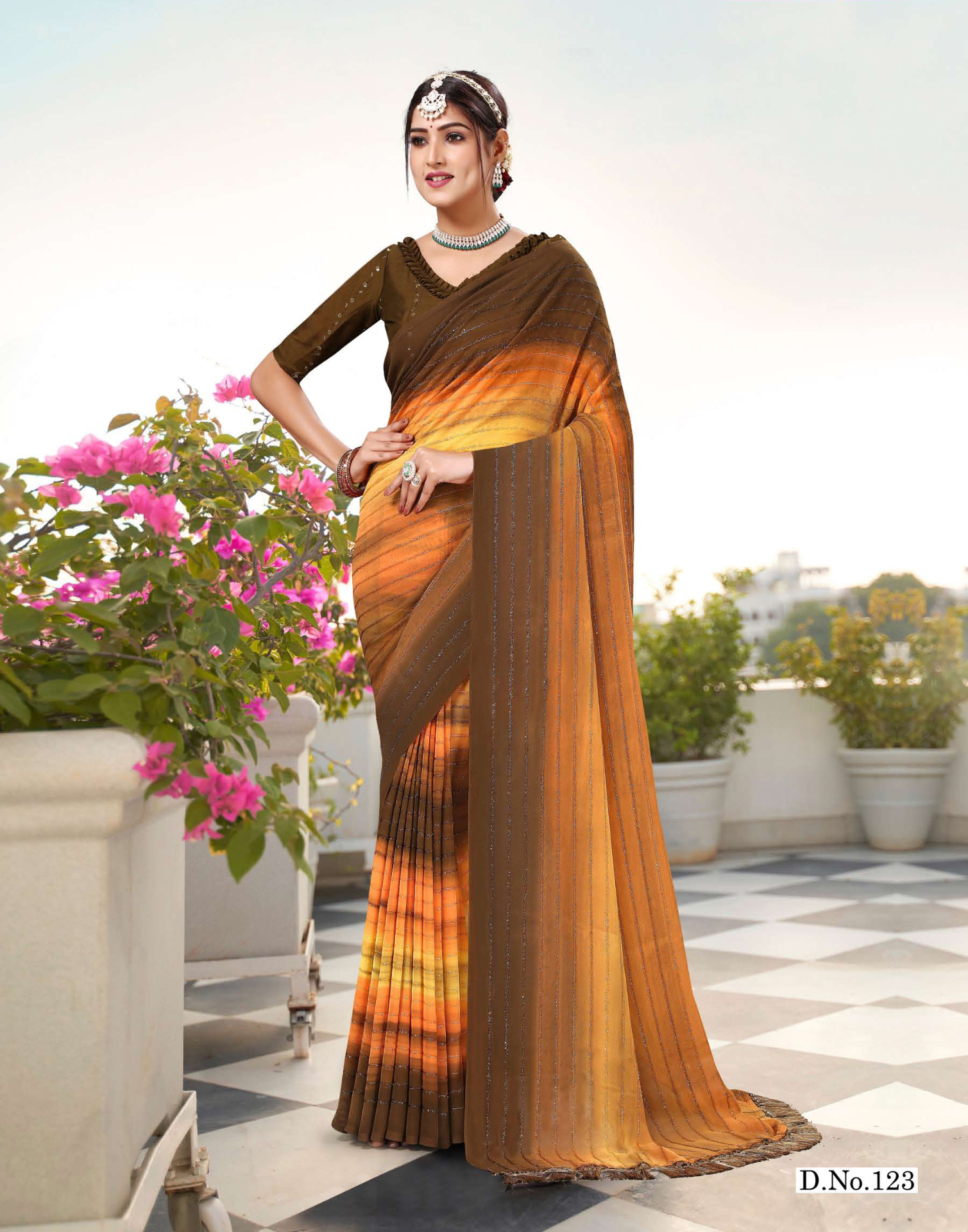 Hand Printed georgette saree - Fur work - Dark colour