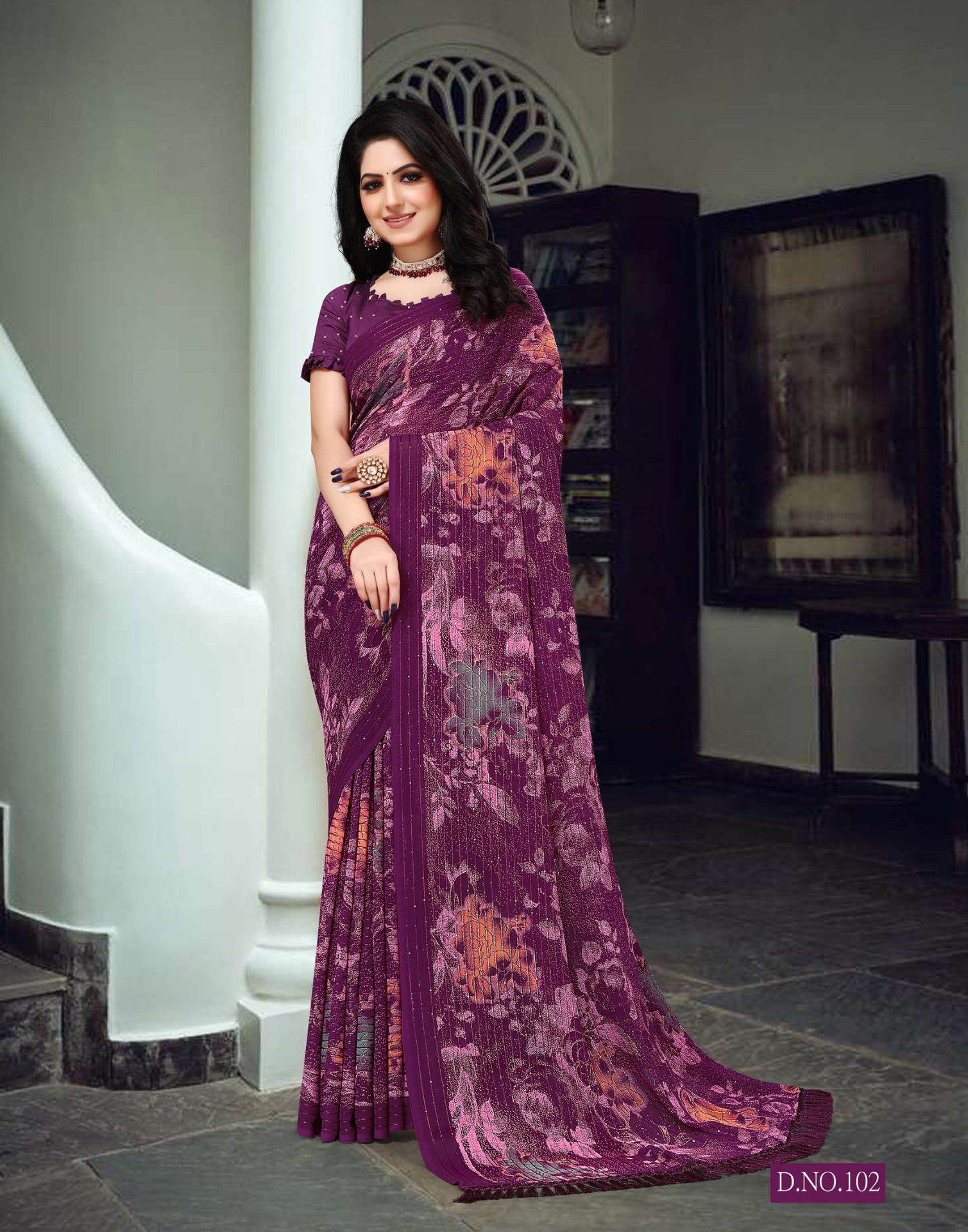 Dark Floral printed saree with crossed work and lightweight fabric - Party weare