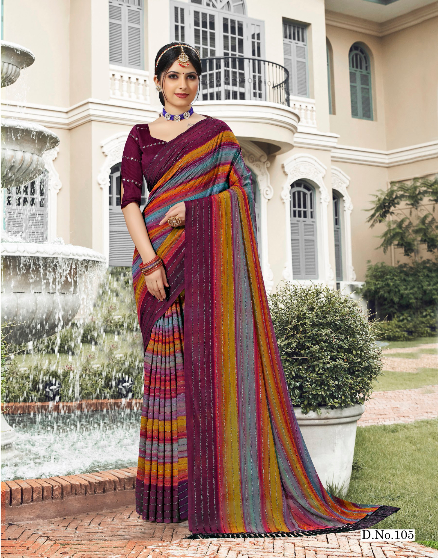 Hand Printed georgette Saree with fur work - daily weare - dark colour