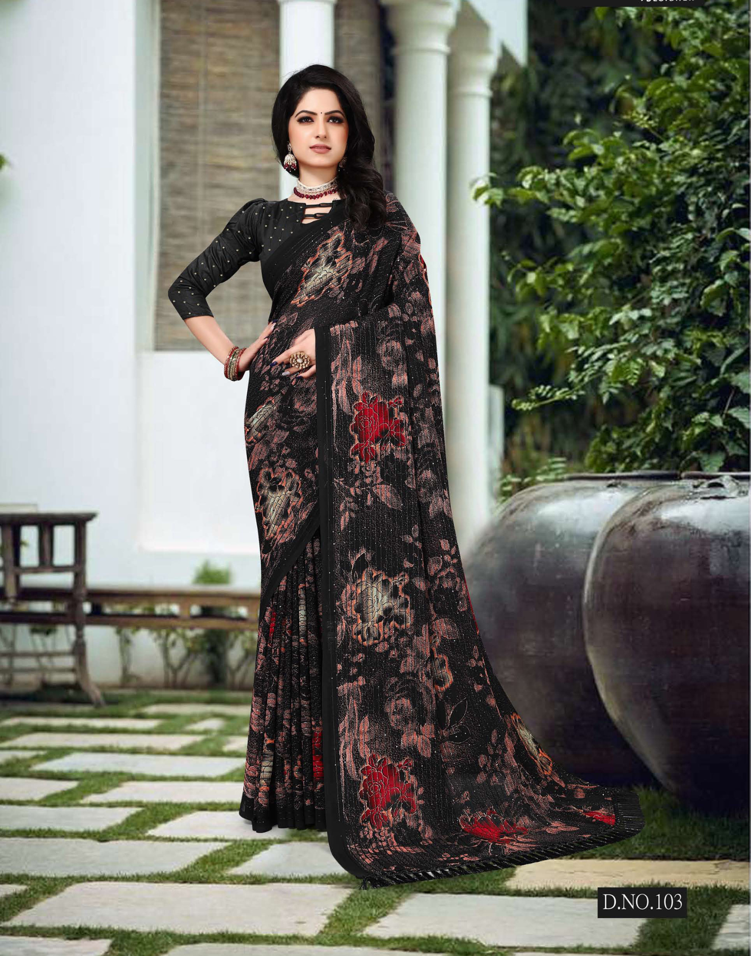 Dark Floral printed saree with crossed work and lightweight fabric - Party weare