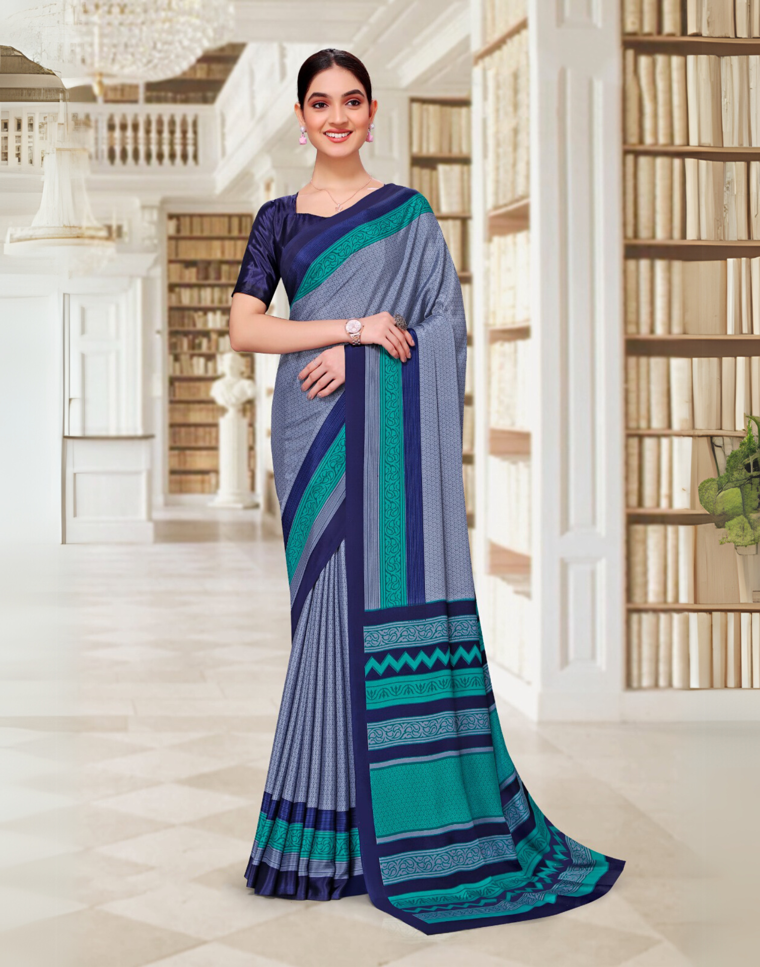 Blue Silk Crepe Saree for Corporate Uniform – Elegant Look