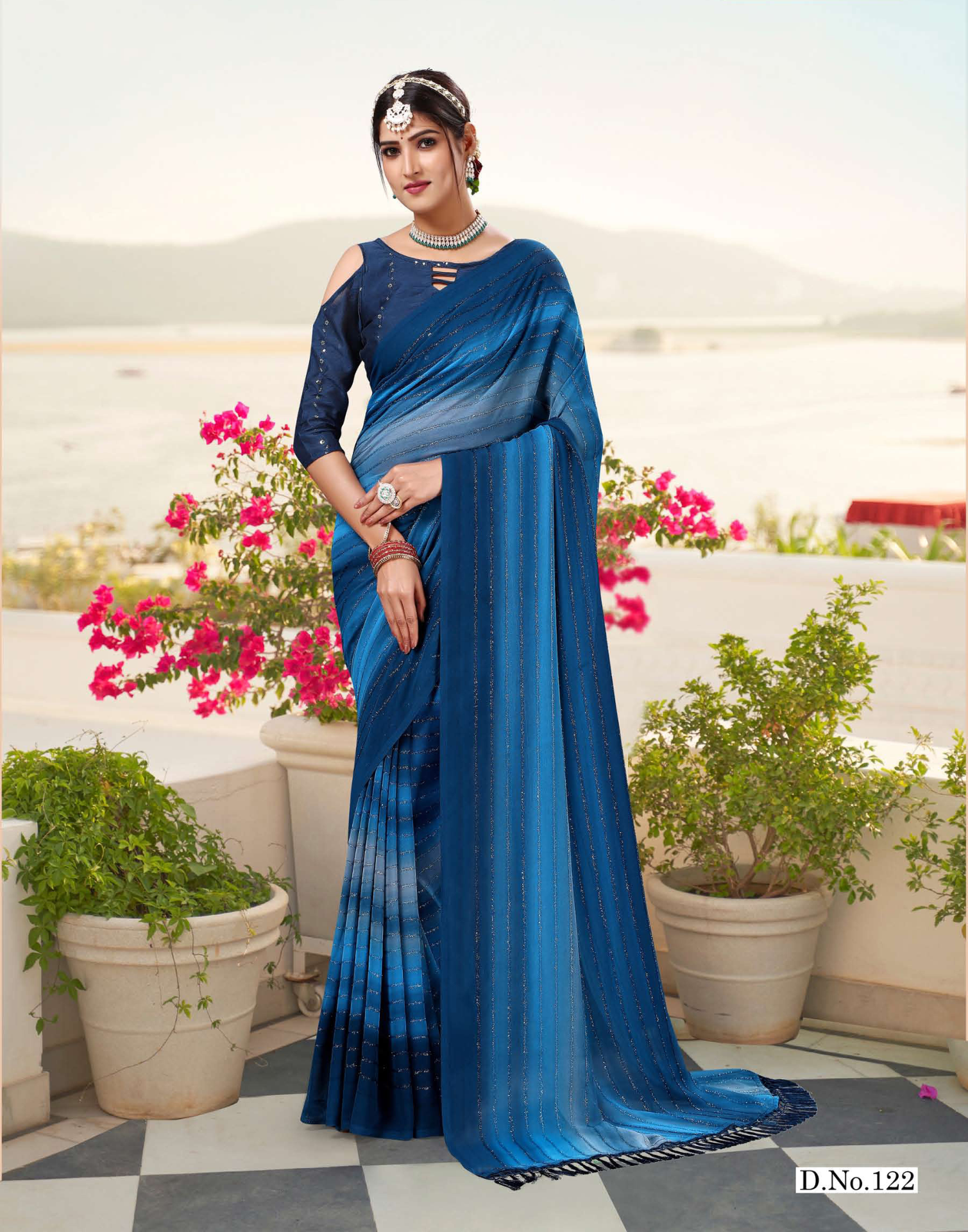 Hand Printed georgette saree - Fur work - Dark colour