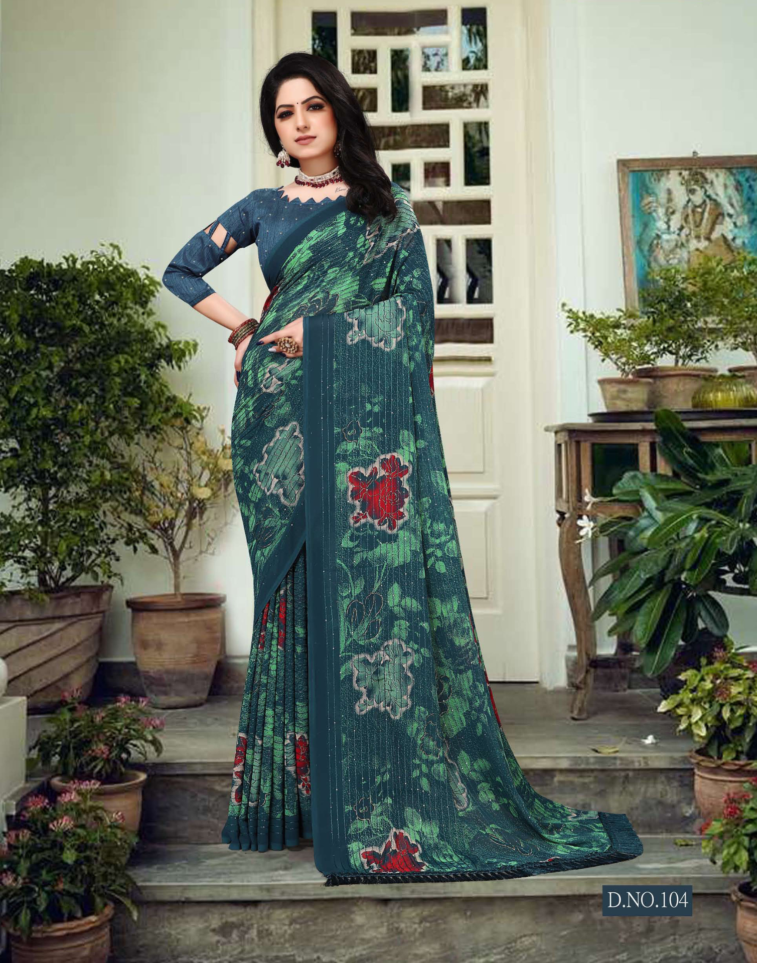 Dark Floral printed saree with crossed work and lightweight fabric - Party weare
