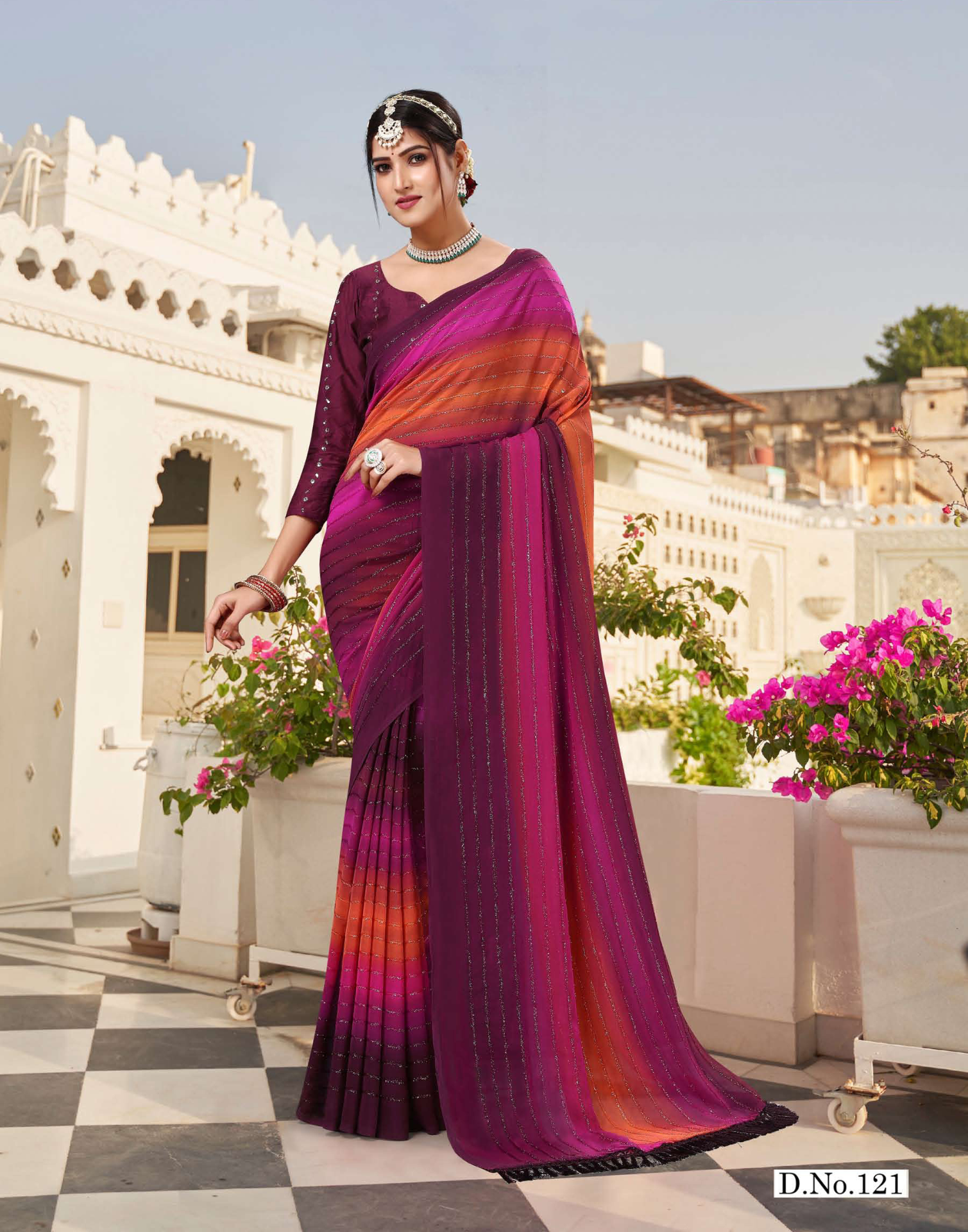 Hand Printed georgette saree - Fur work - Dark colour