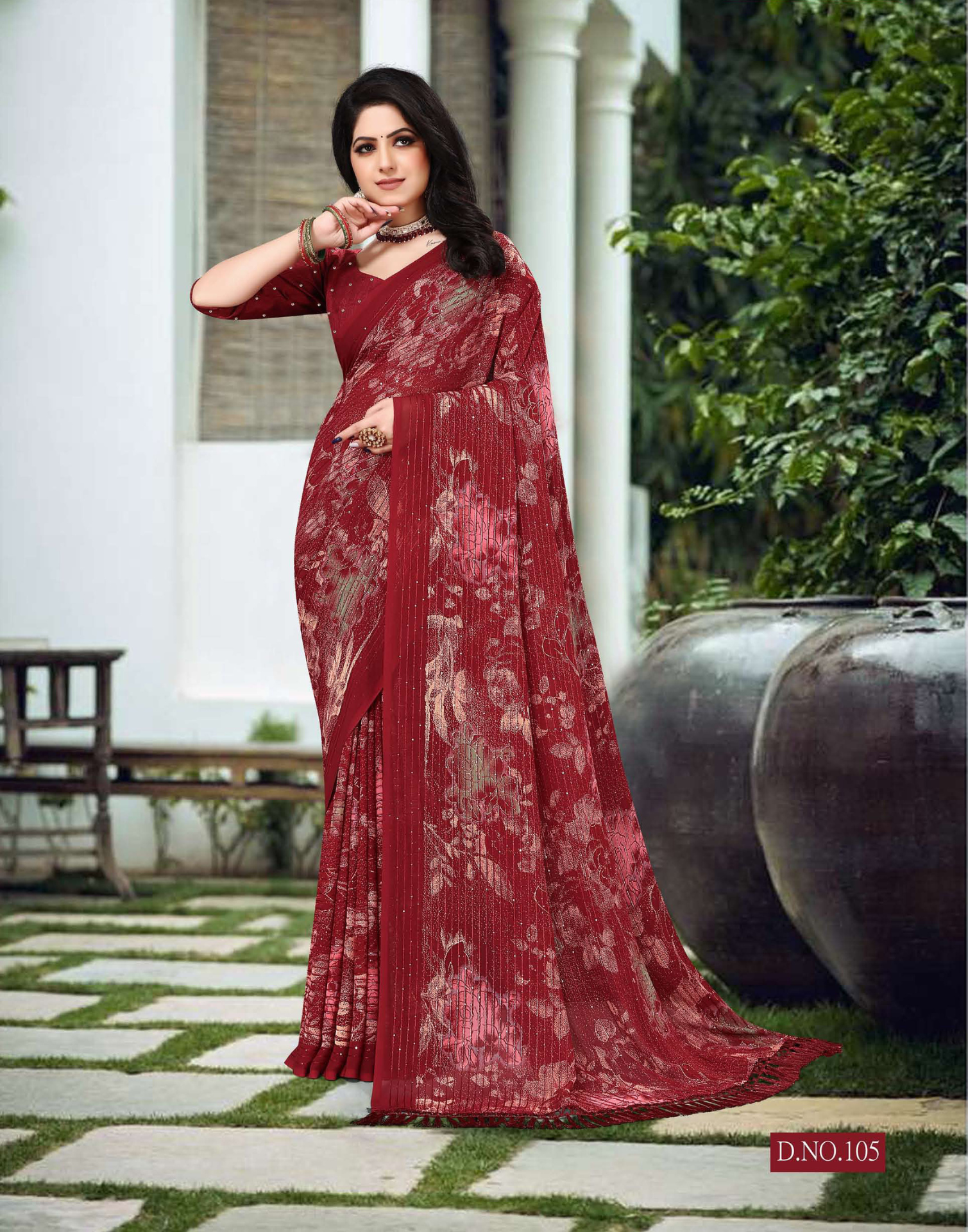 Dark Floral printed saree with crossed work and lightweight fabric - Party weare