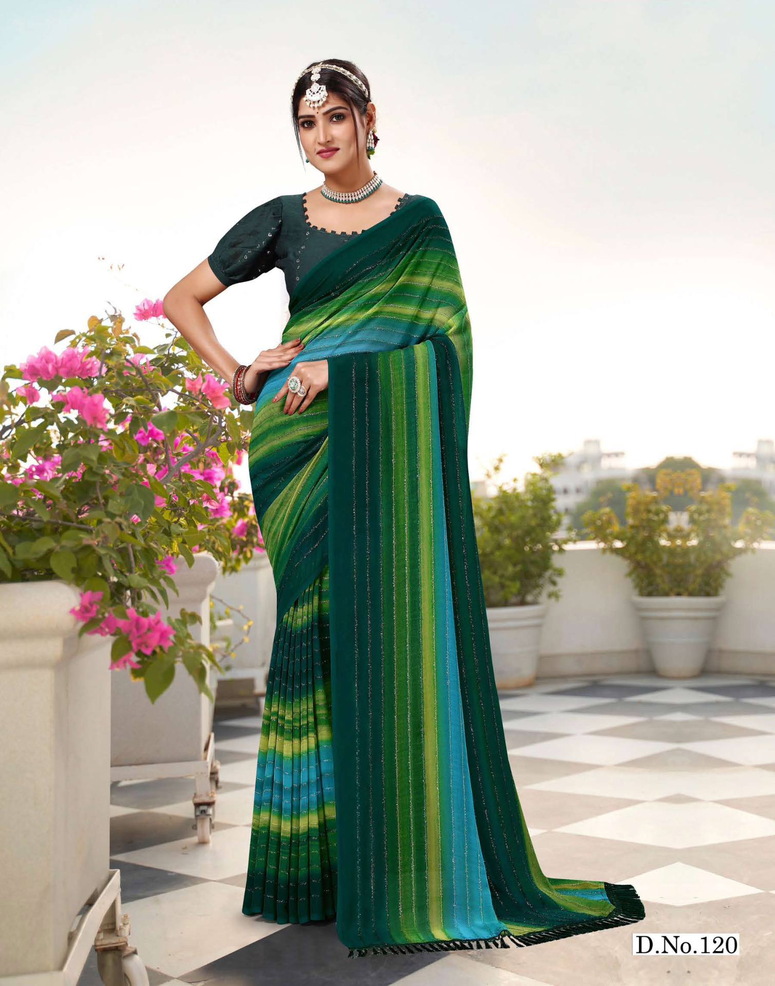 Hand Printed georgette saree - Fur work - Dark colour