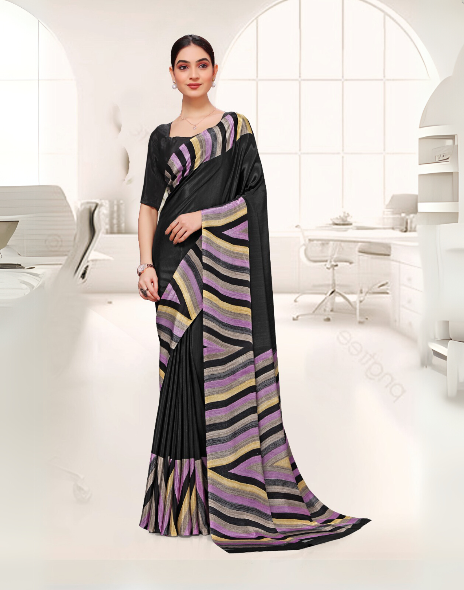 Abstract Print Black and Purple Uniform Saree – Premium Fabric for Workwear