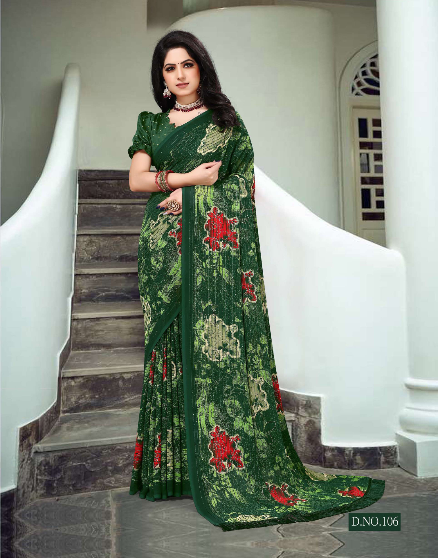 Dark Floral printed saree with crossed work and lightweight fabric - Party weare