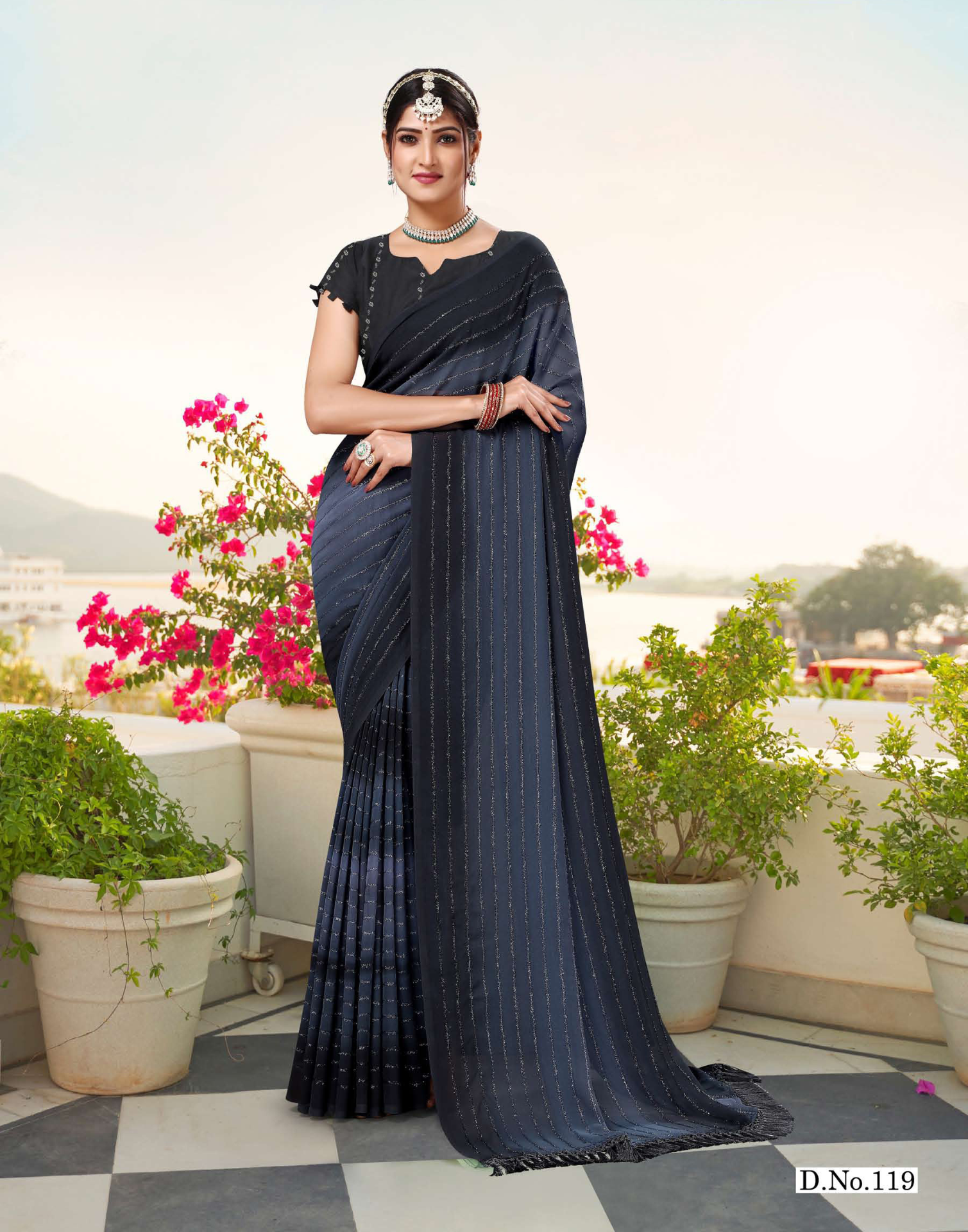 Hand Printed georgette saree - Fur work - Dark colour