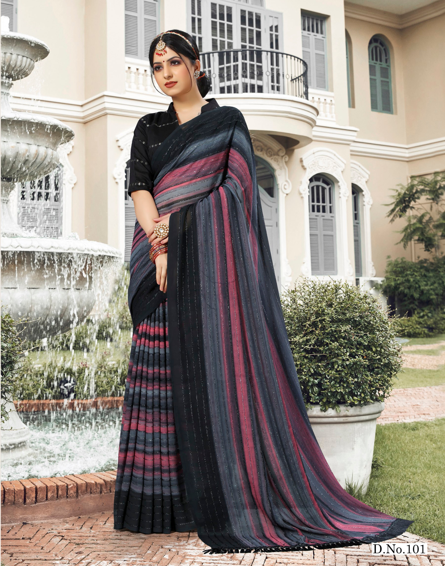 Hand Printed georgette Saree with fur work - daily weare - dark colour