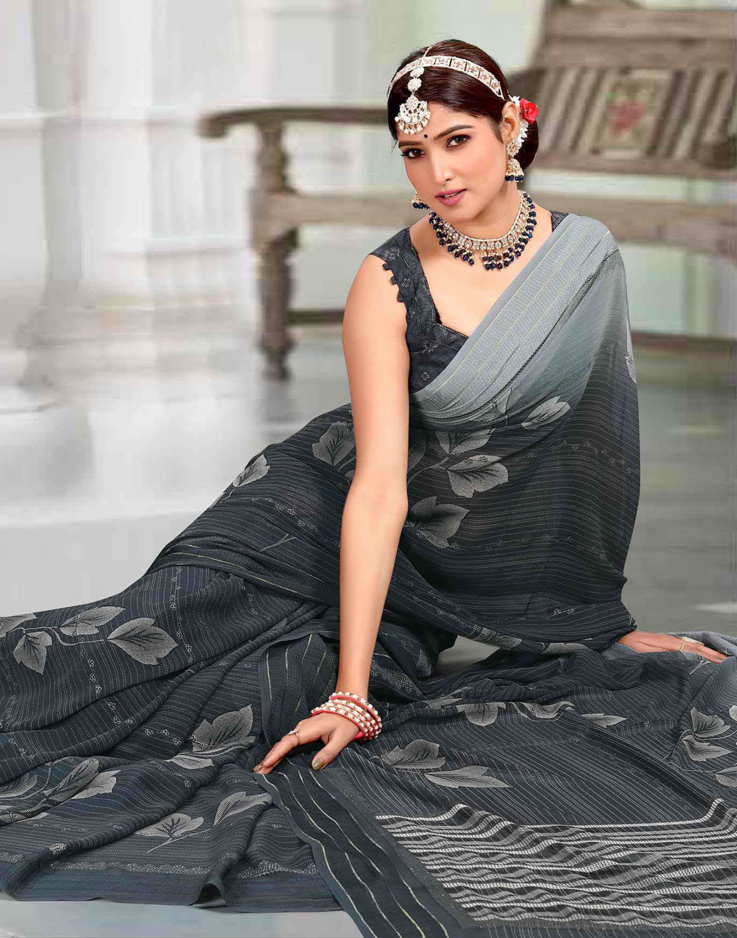 Shading Print saree with Detailed jari work - dusty color