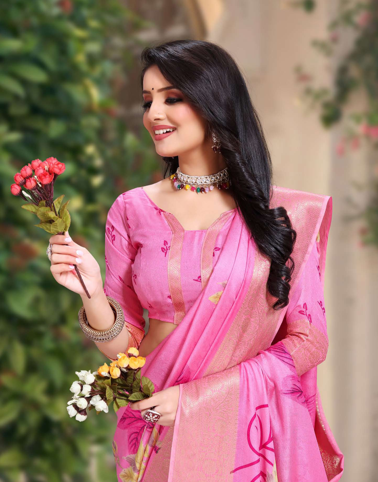 Light Shade Pure Marshmellow Floral Prited Saree - Banarasi style border