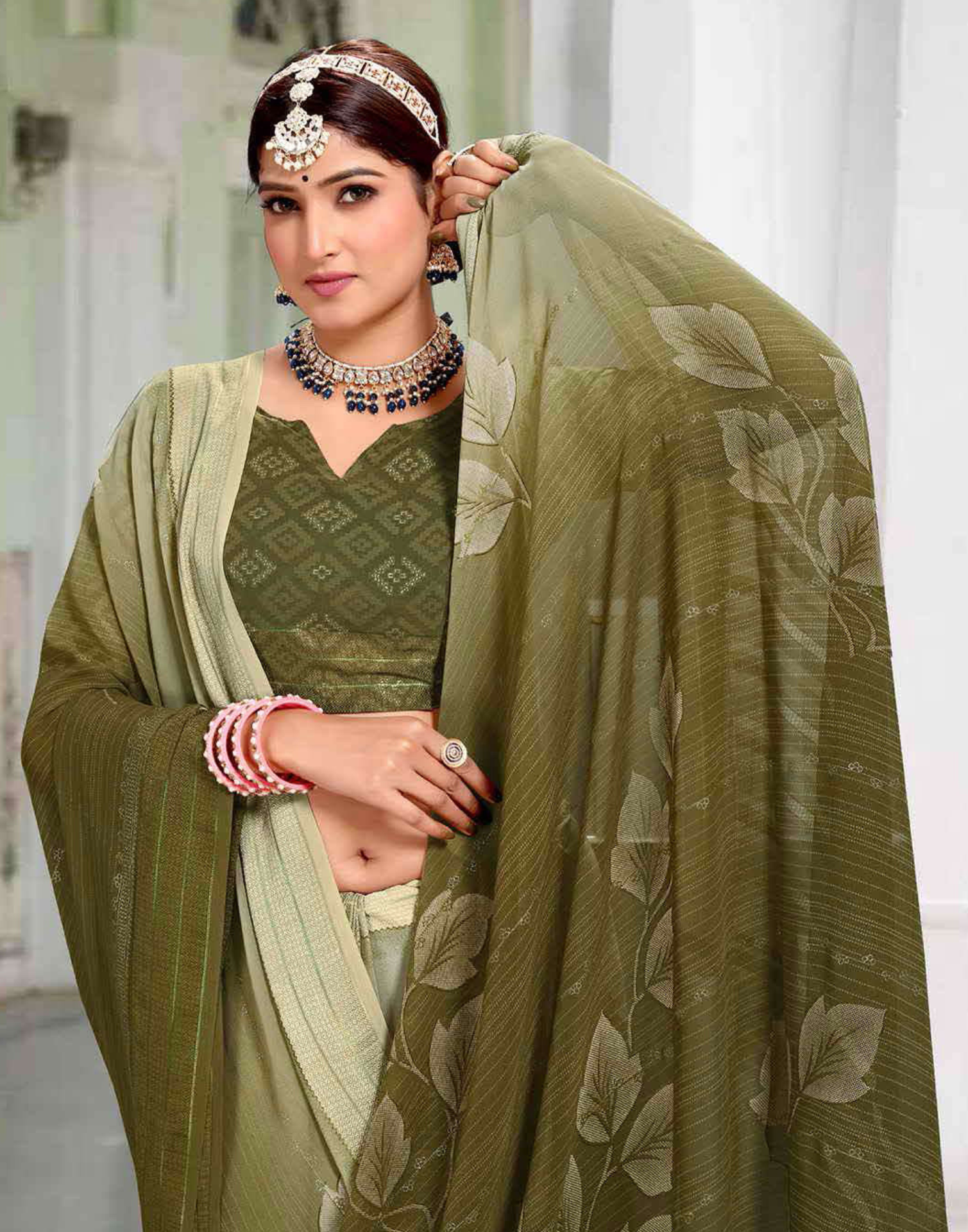 Shading Print saree with Detailed jari work - dusty color
