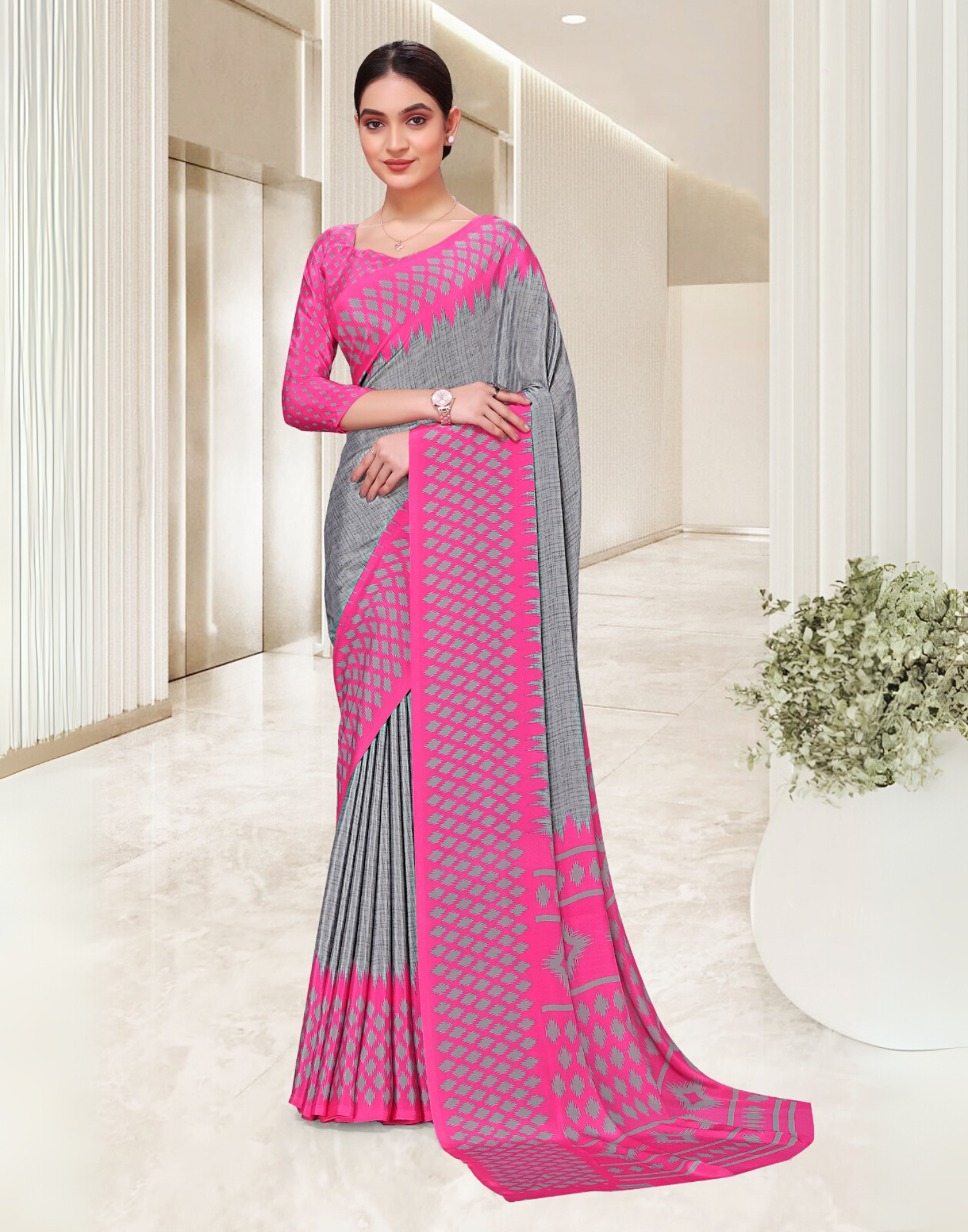 Abstract Print Pink Uniform Saree – Premium Fabric