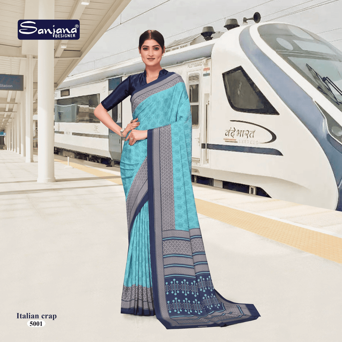 Blue Corporate Wear Uniform Saree – Premium Silk Crepe