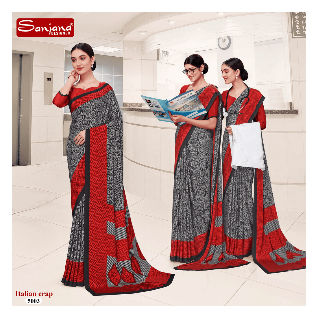 Grey and Red Professional Office Uniform Saree – Abstract Print