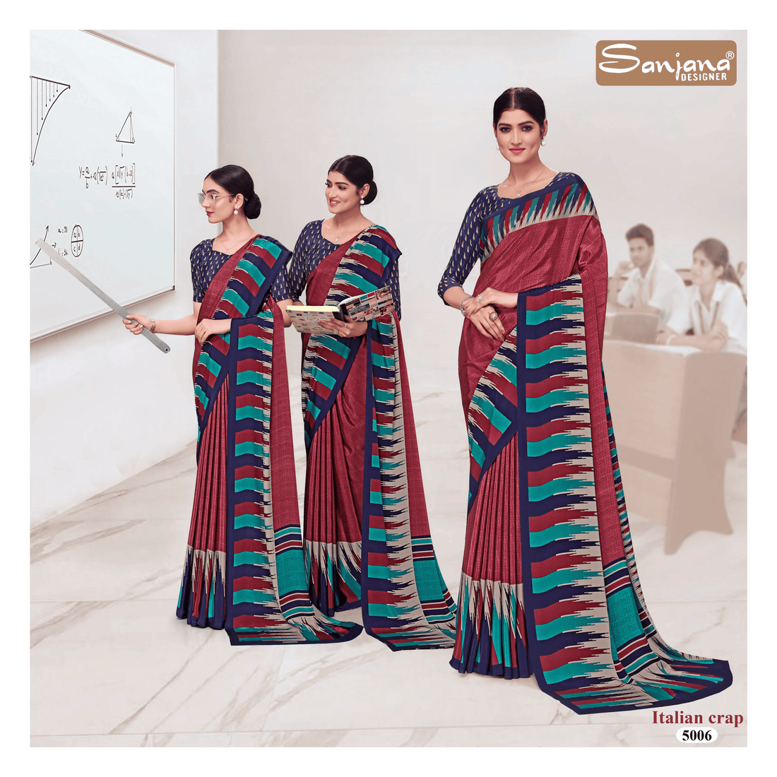 Maroon and blue Temple Design Premium Printed Silk crepe Uniform Saree