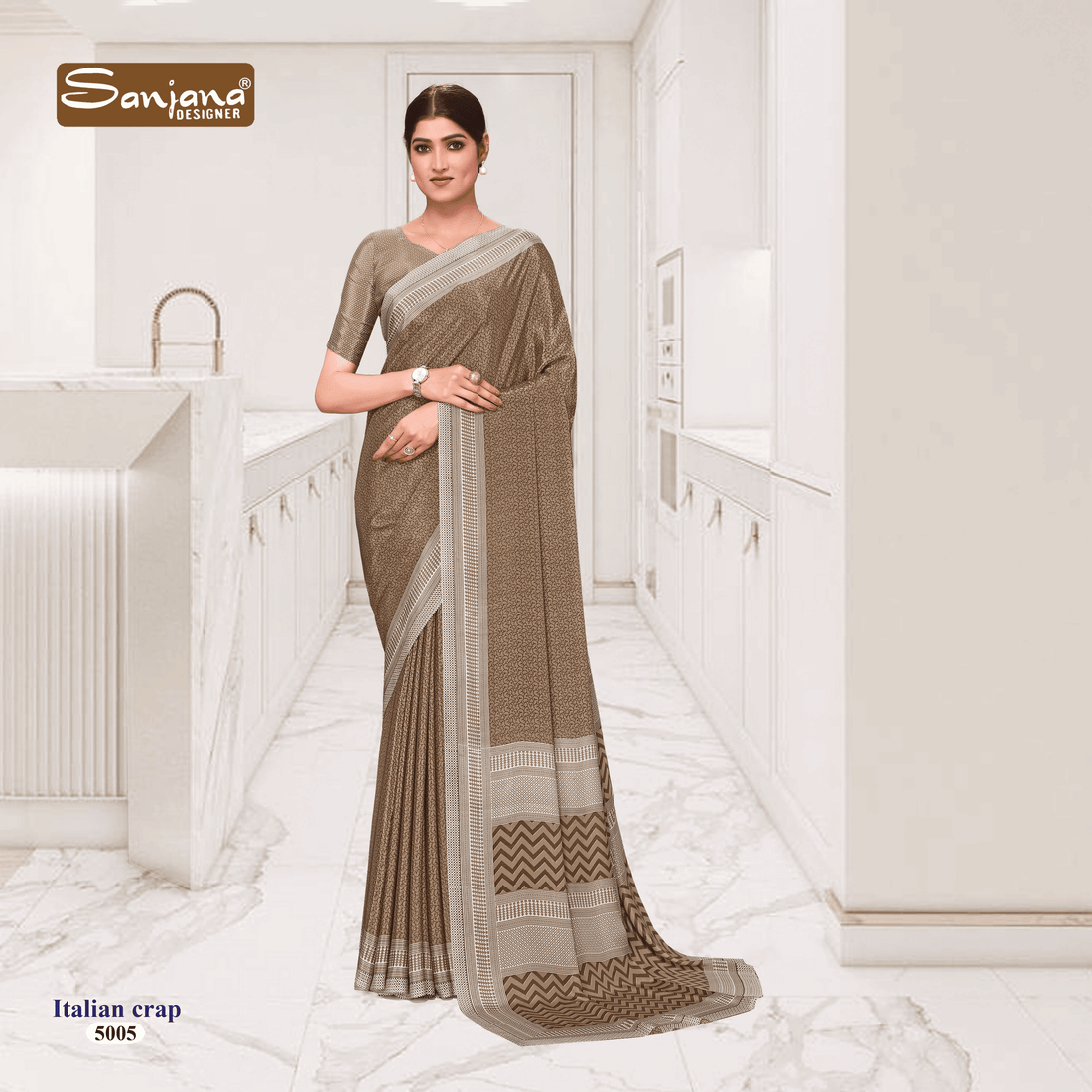 Premium Coffee Uniform Saree – Office Wear Silk Crepe fabric