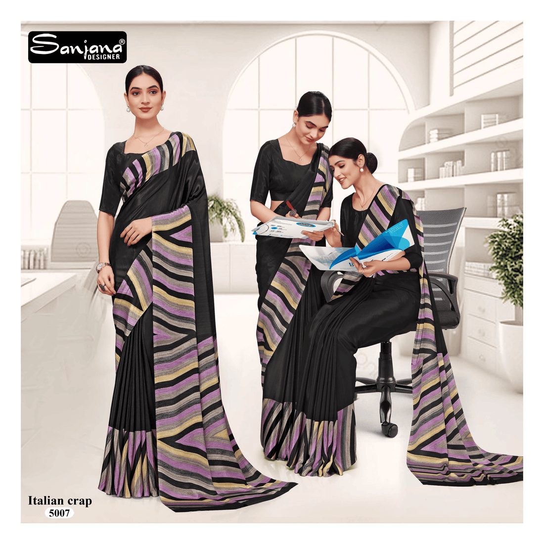 Abstract Print Black and Purple Uniform Saree – Premium Fabric for Workwear