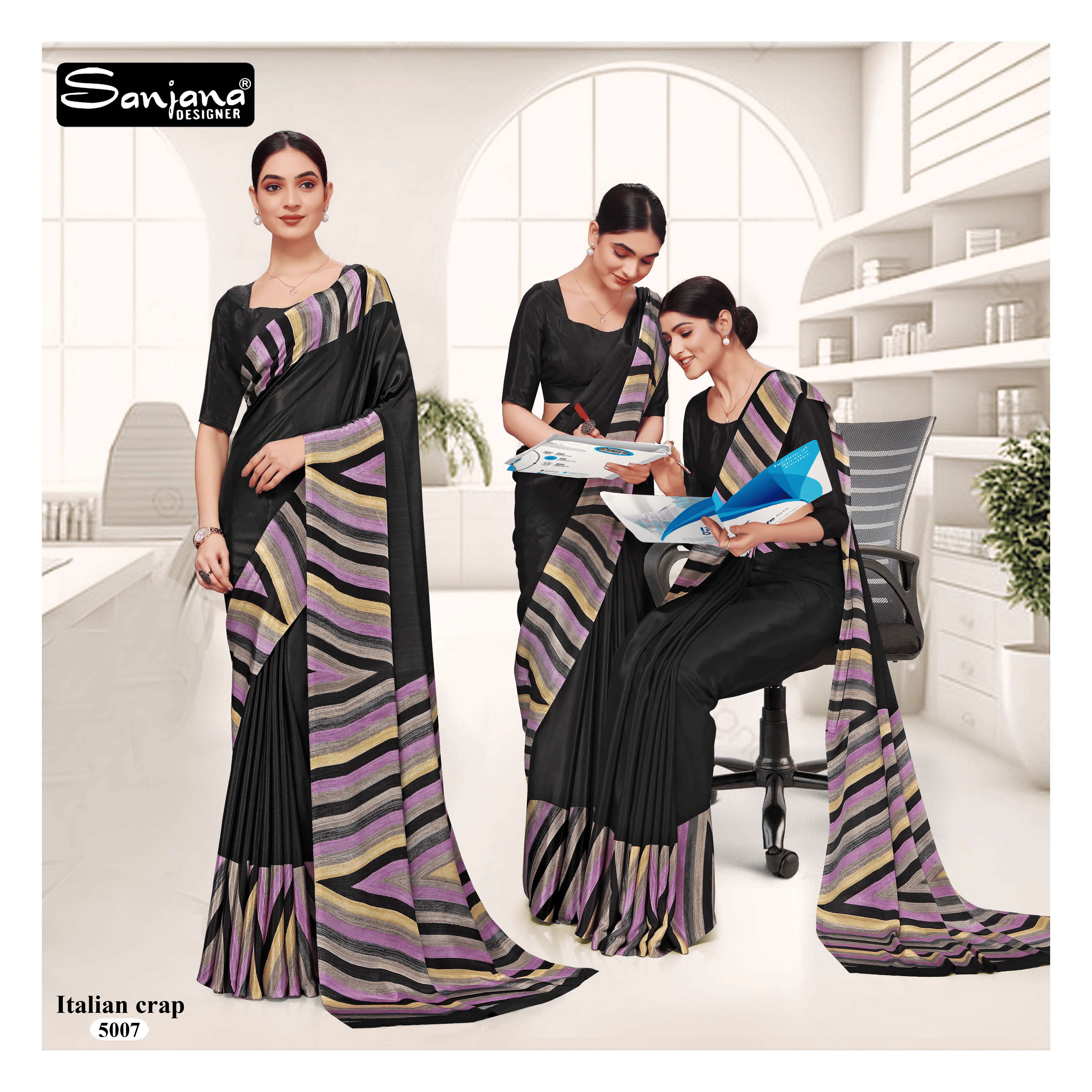 Abstract Print Black and Purple Uniform Saree – Premium Fabric for Workwear