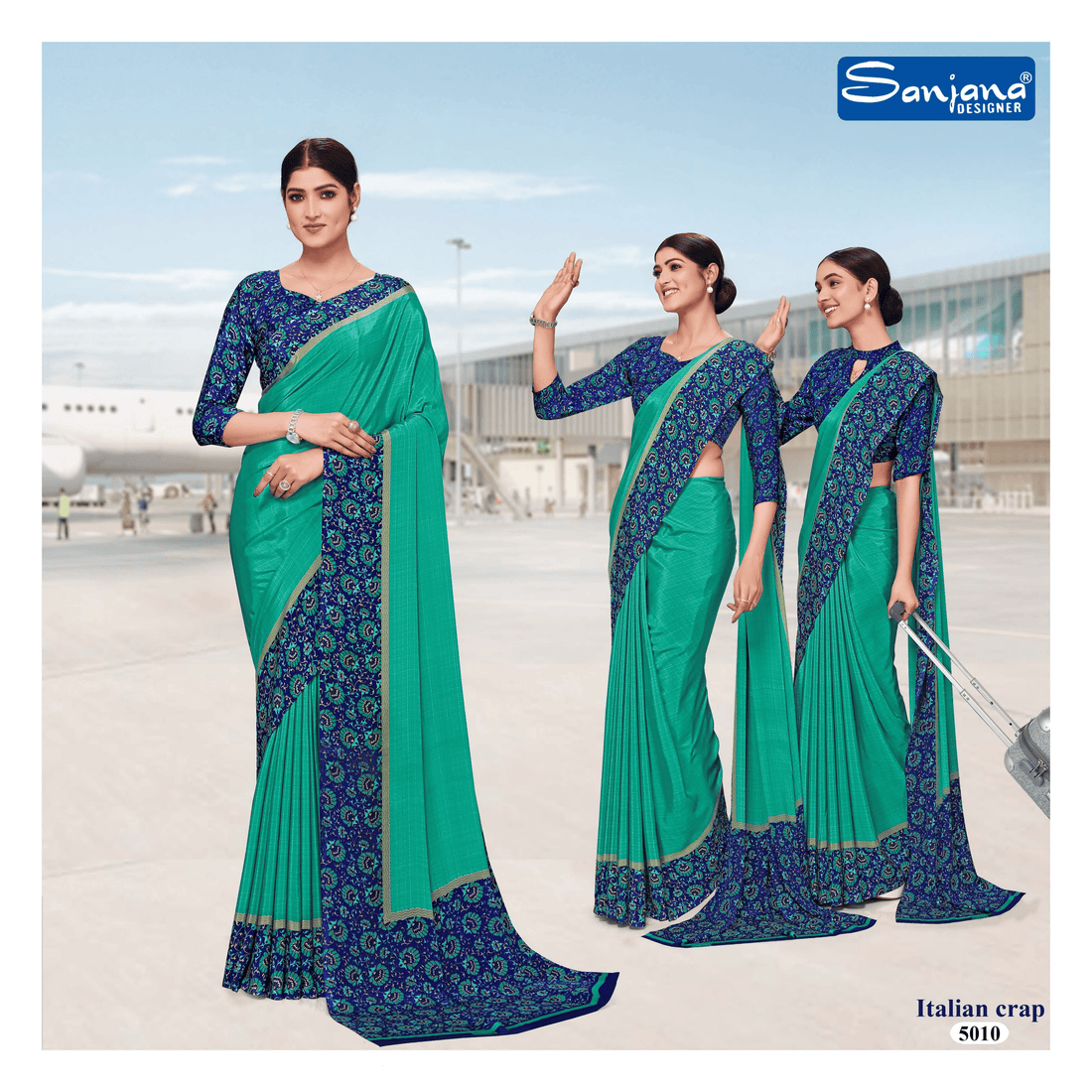 Teal blue Printed Silk Crepe Saree – Stylish and Comfortable Office Uniform