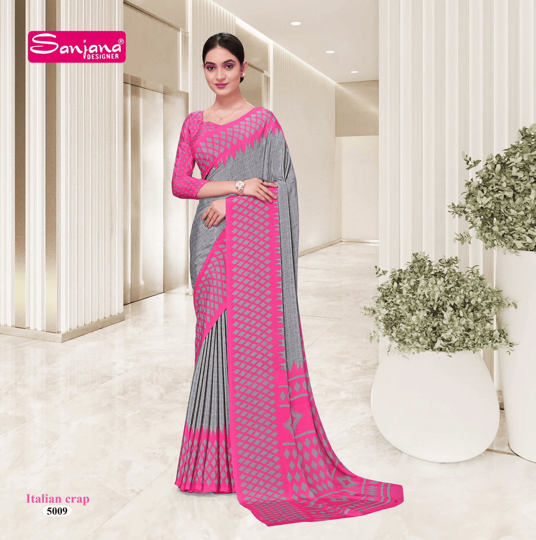 Abstract Print Pink Uniform Saree – Premium Fabric