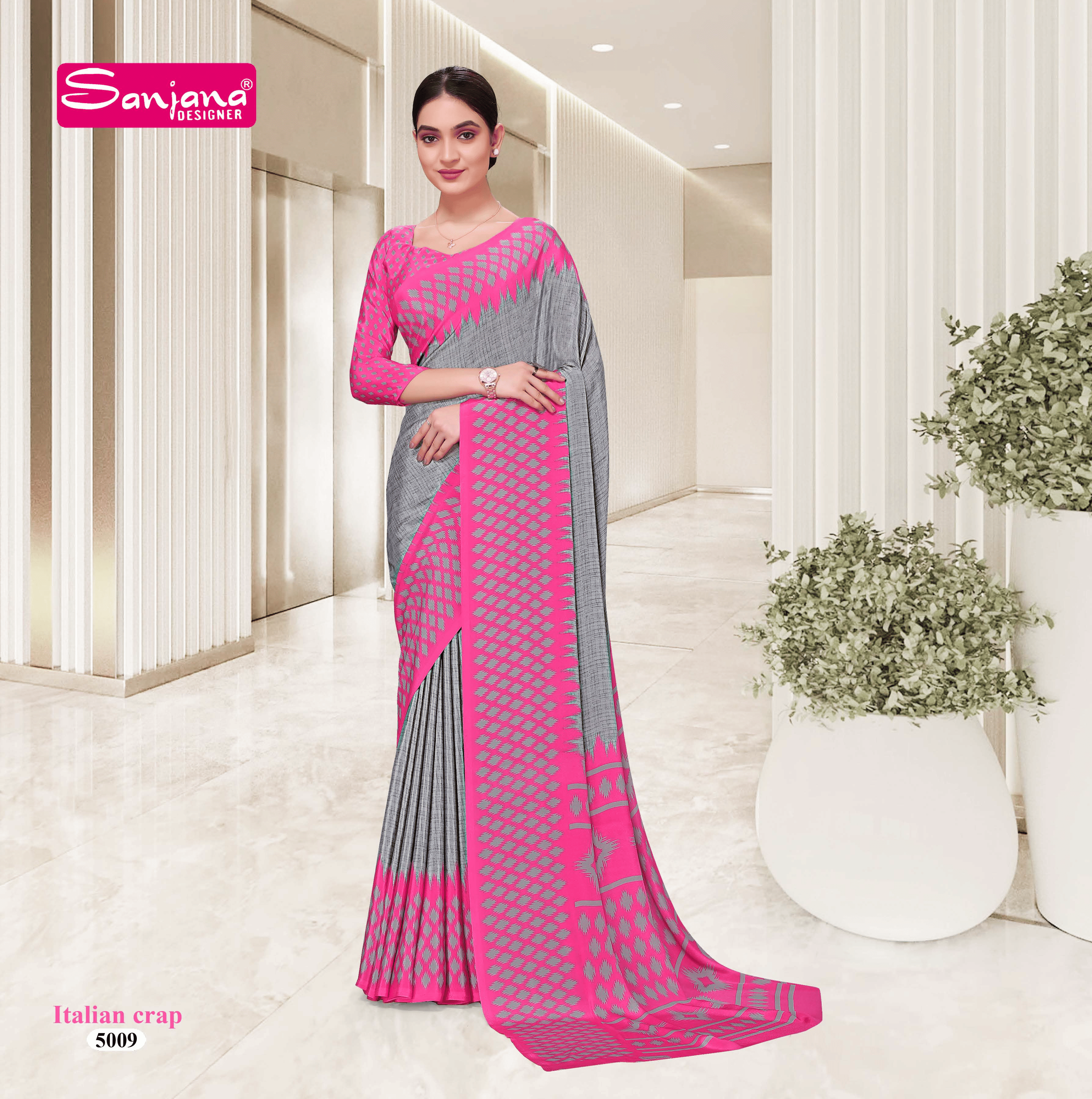 Abstract Print Pink Uniform Saree – Premium Fabric