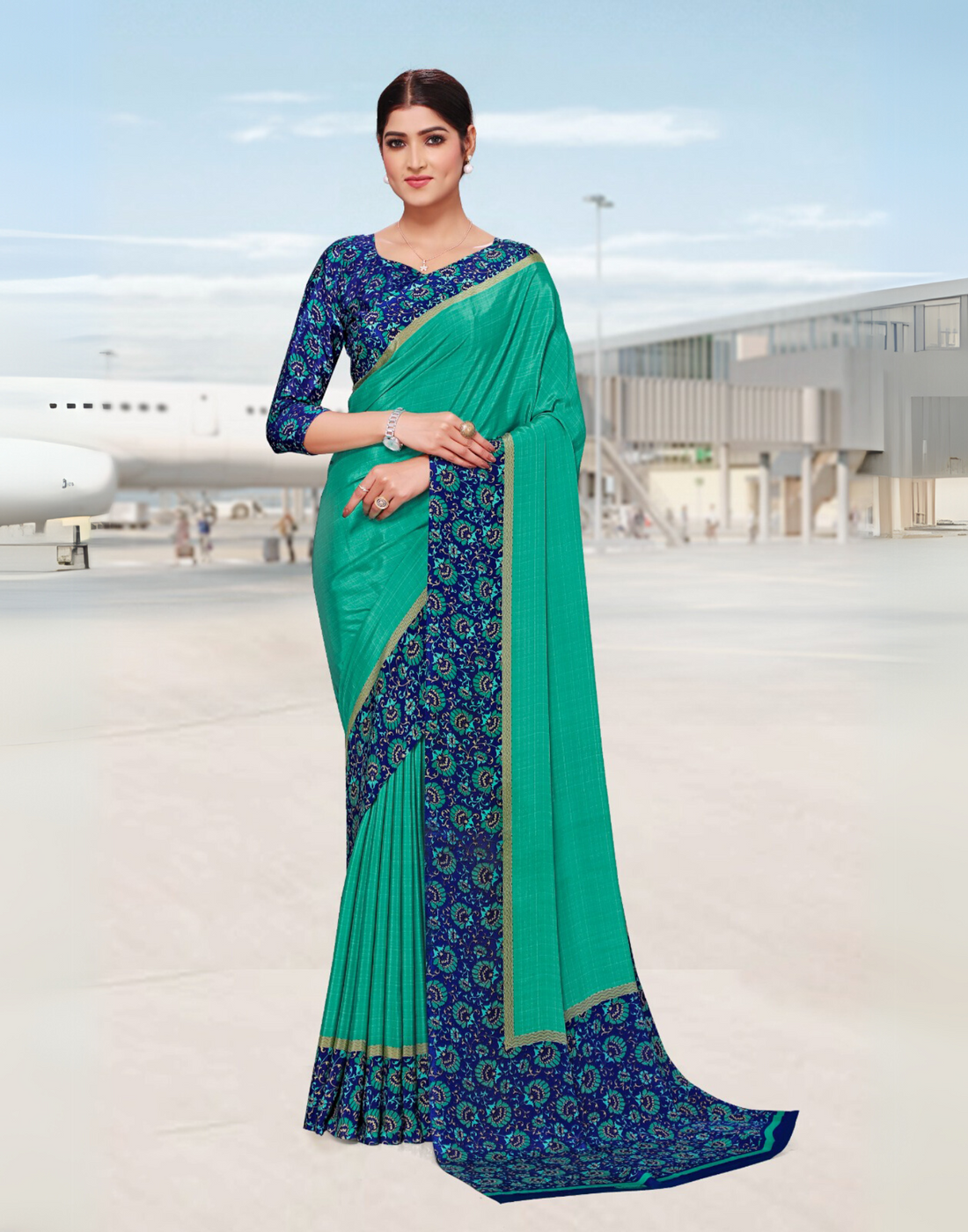 Teal blue Printed Silk Crepe Saree – Stylish and Comfortable Office Uniform