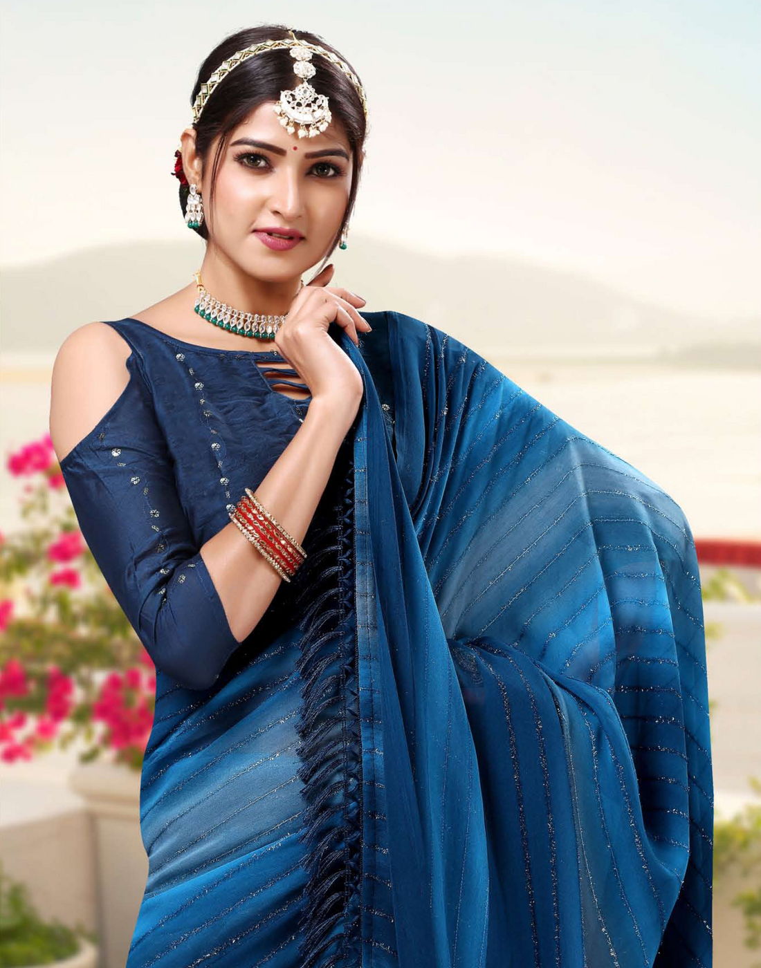 Hand Printed georgette saree - Fur work - Dark colour