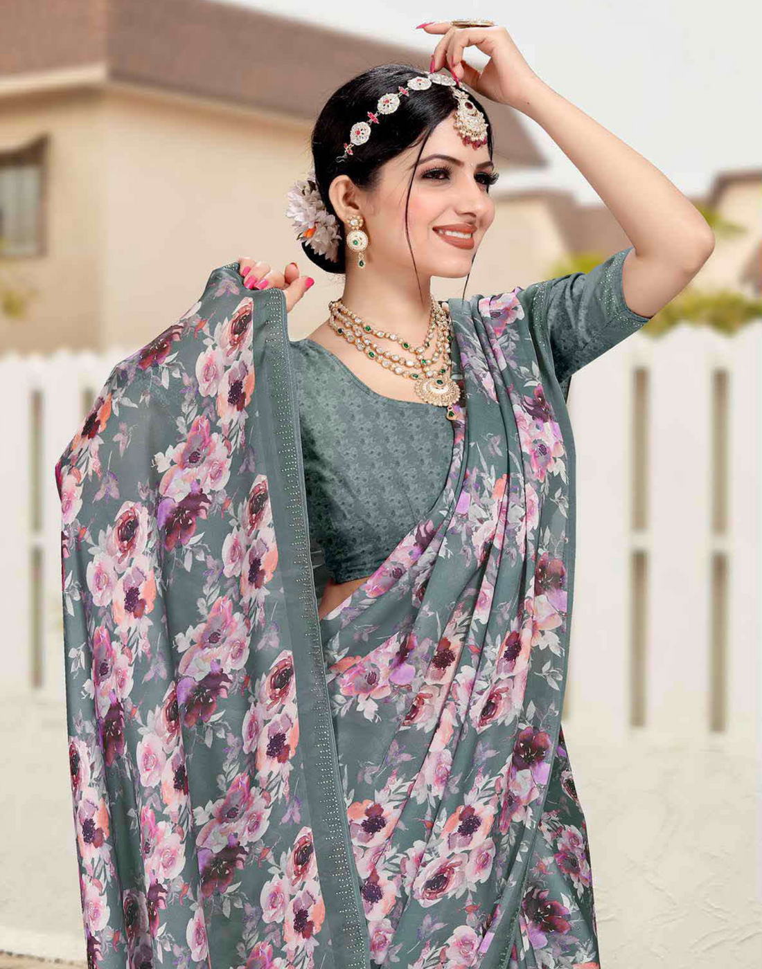 Dusty color Georgette Stone Work Swarovski Saree