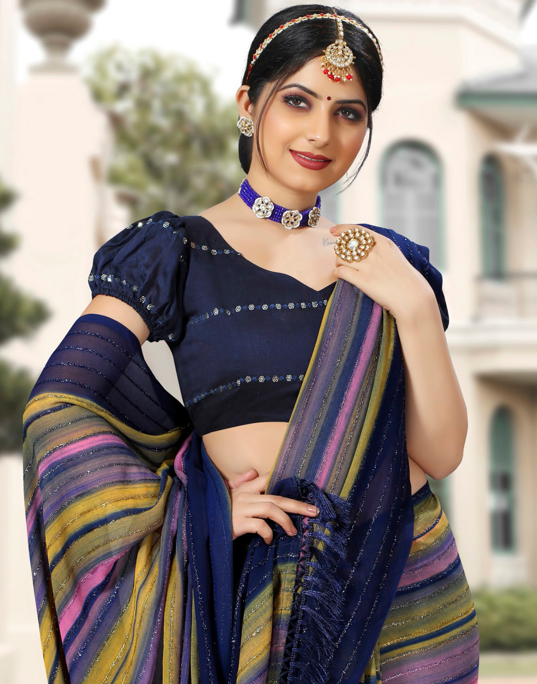 Hand Printed georgette Saree with fur work - daily weare - dark colour