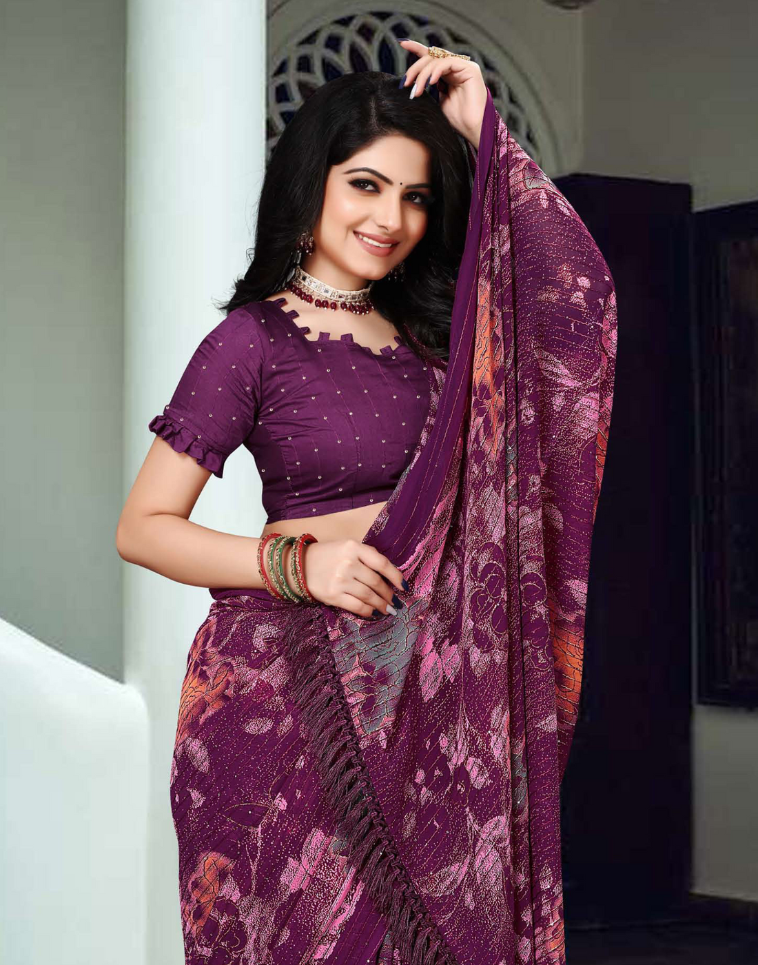 Dark Floral printed saree with crossed work and lightweight fabric - Party weare
