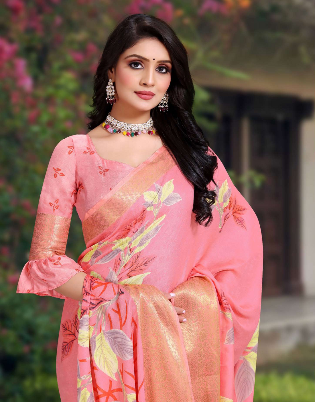 Light Shade Pure Marshmellow Floral Prited Saree - Banarasi style border