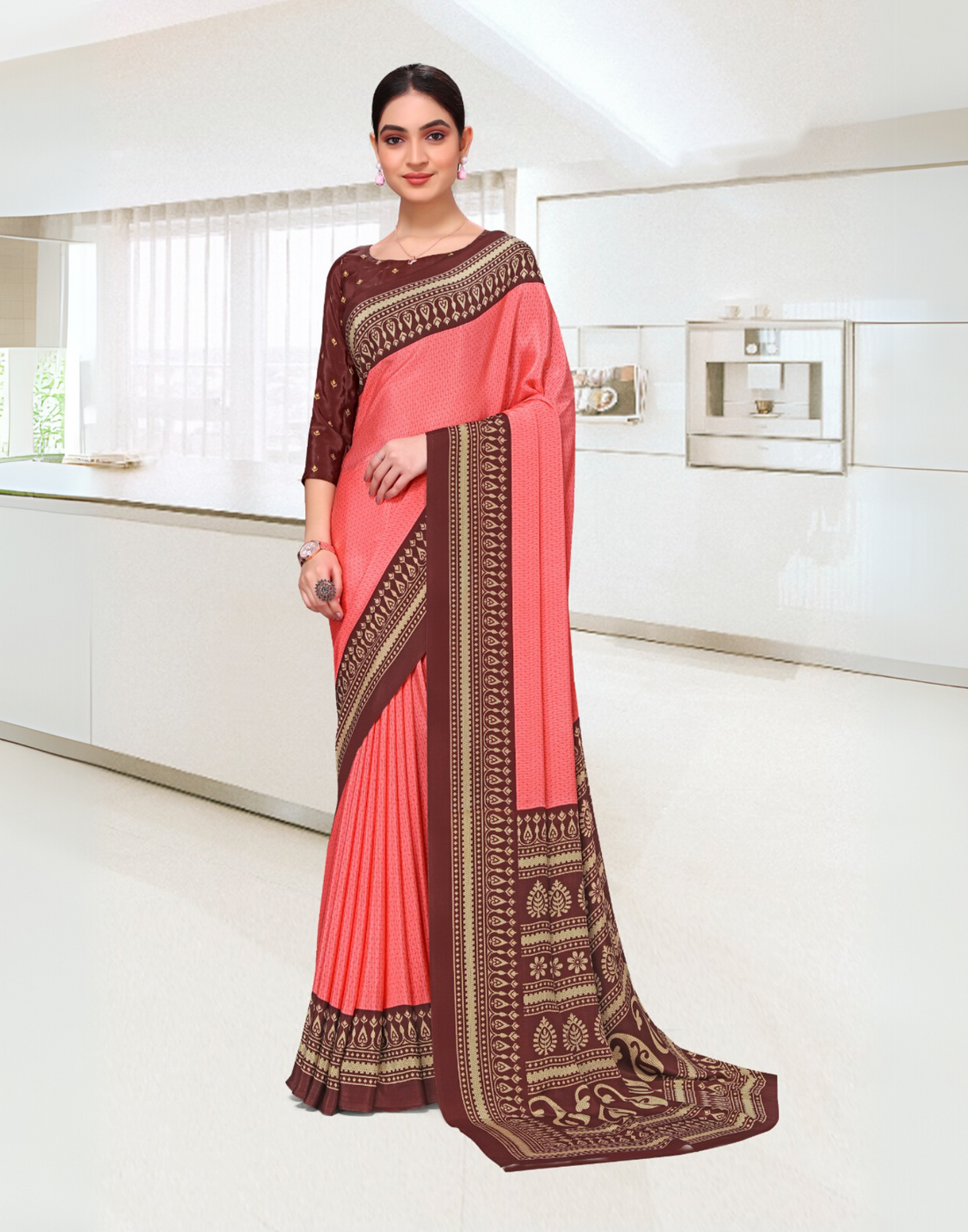 Peach and Brown Elegant Silk Crepe Uniform Saree – Gala Design