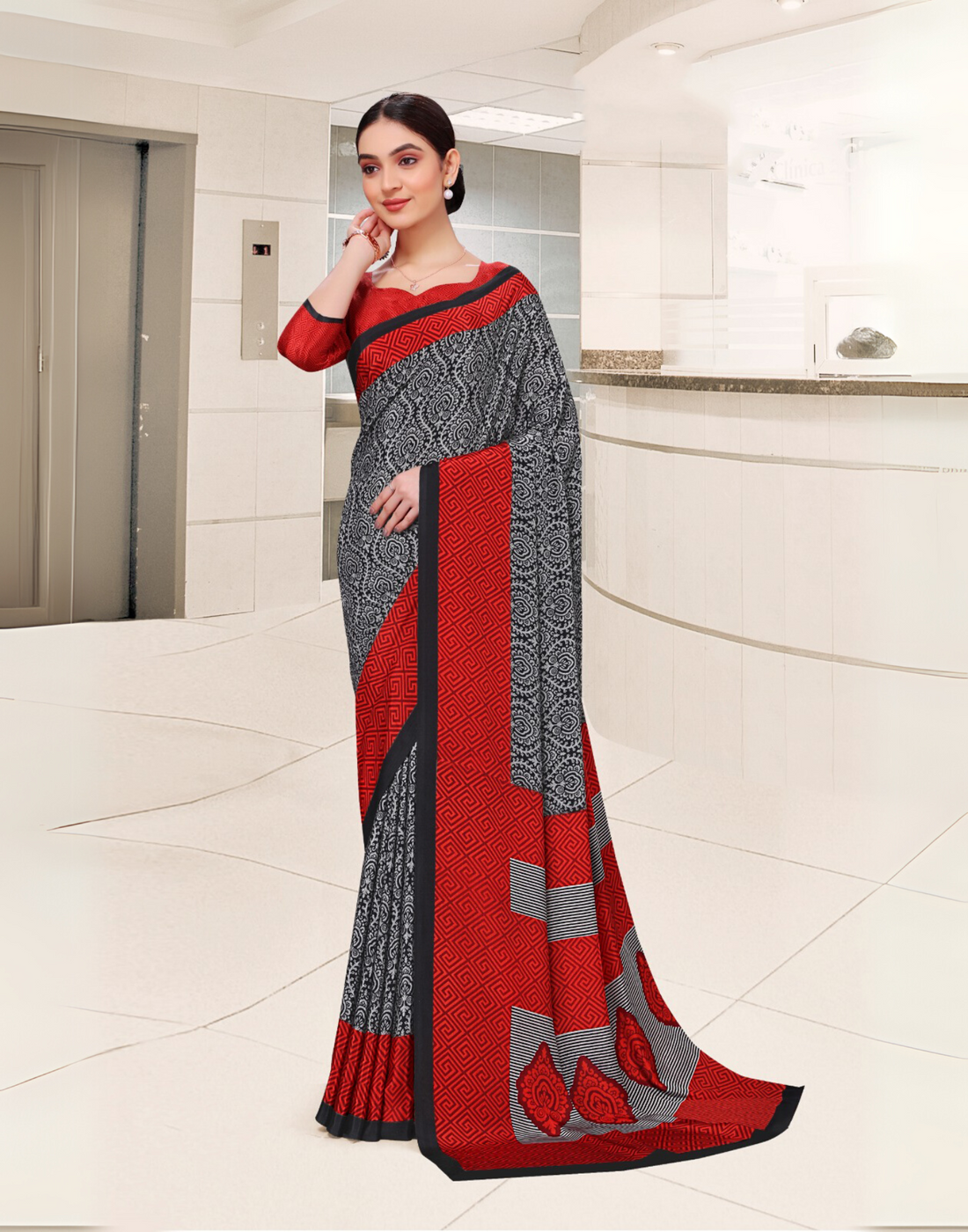 Grey and Red Professional Office Uniform Saree – Abstract Print