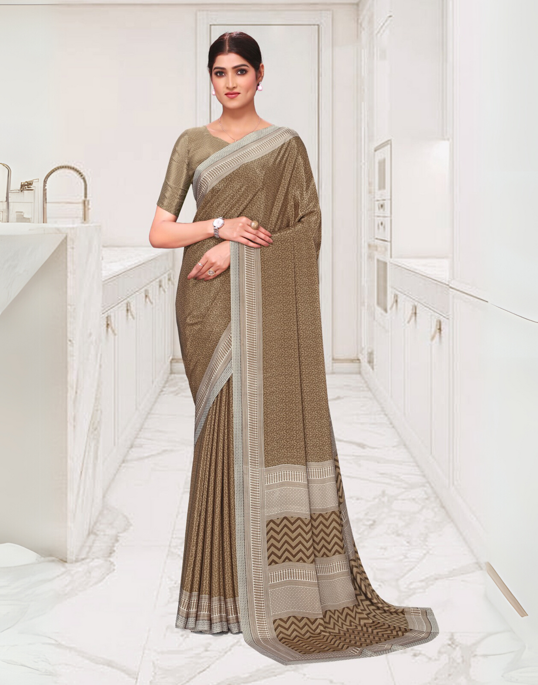 Premium Coffee Uniform Saree – Office Wear Silk Crepe fabric