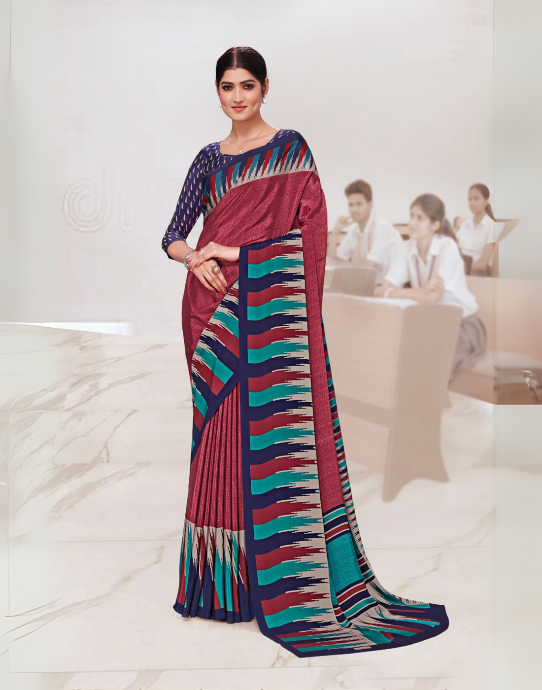 Maroon and blue Temple Design Premium Printed Silk crepe Uniform Saree