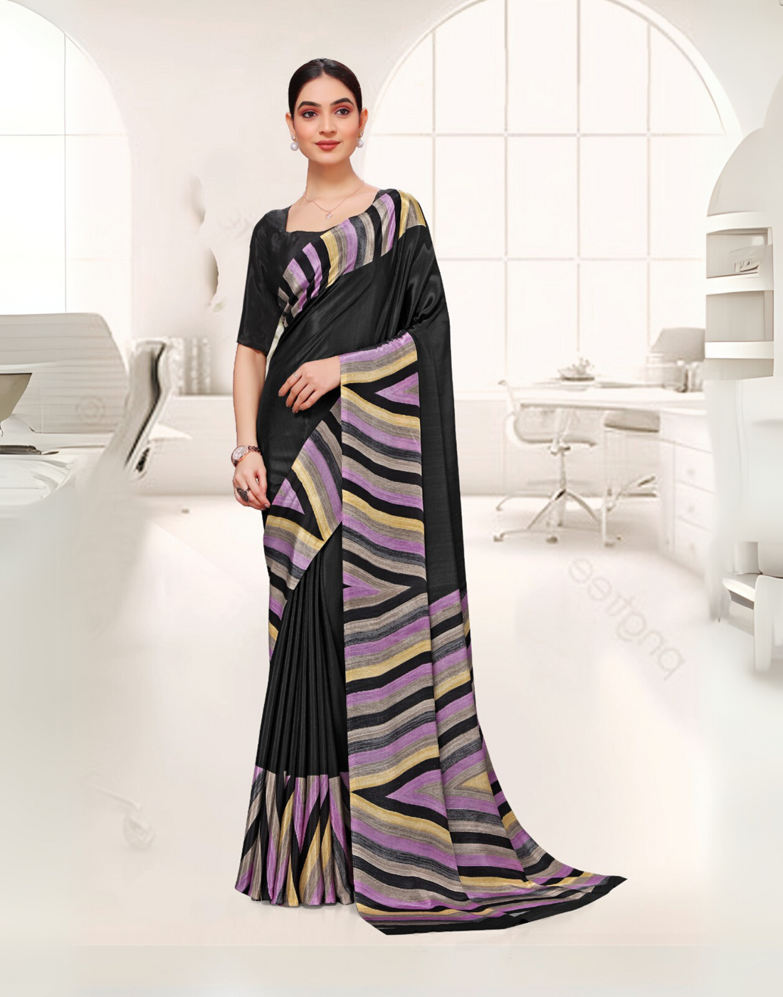 Abstract Print Black and Purple Uniform Saree – Premium Fabric for Workwear