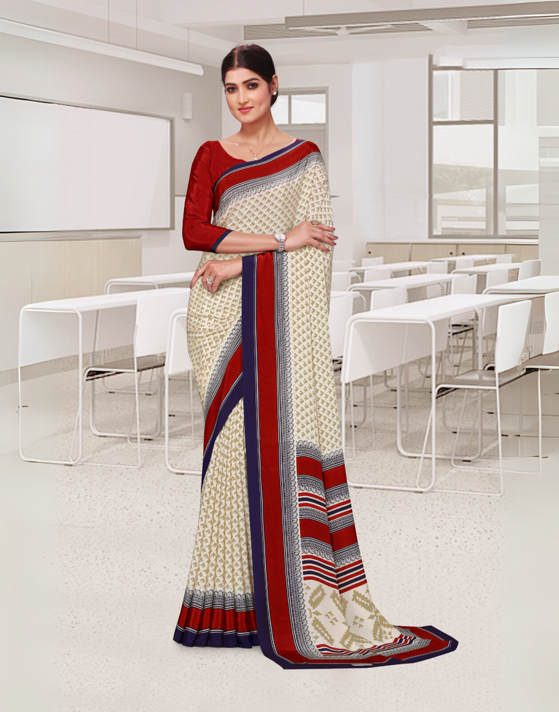 Corporate Uniform Saree – Biege color Elegance in Silk Crepe